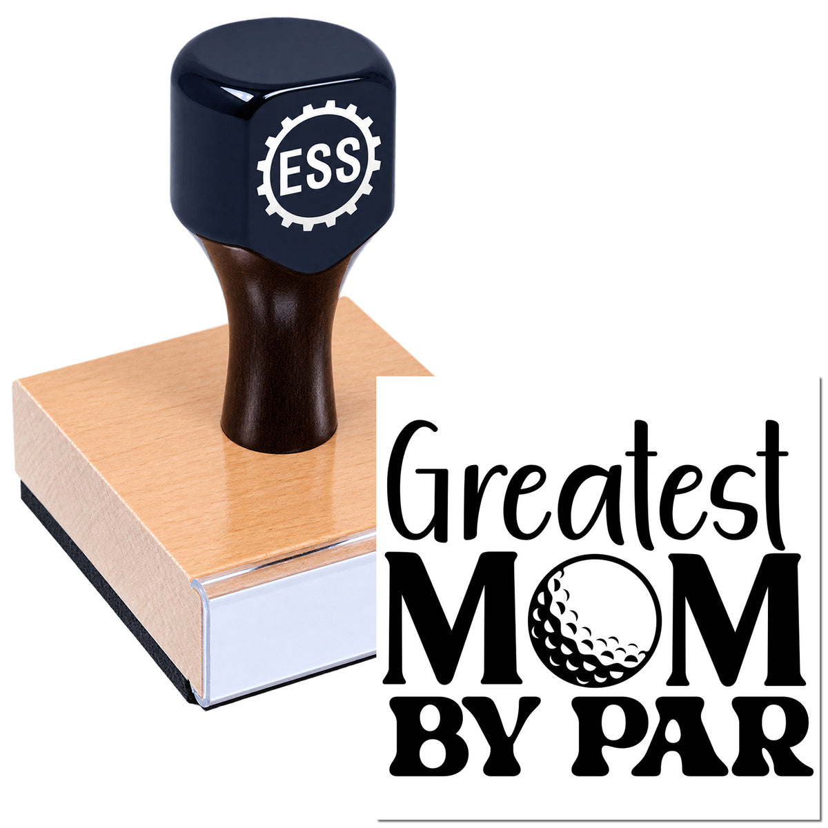 Navy stamp and seal set with ESS logo on copper pad and "Greatest Mom by Par" text