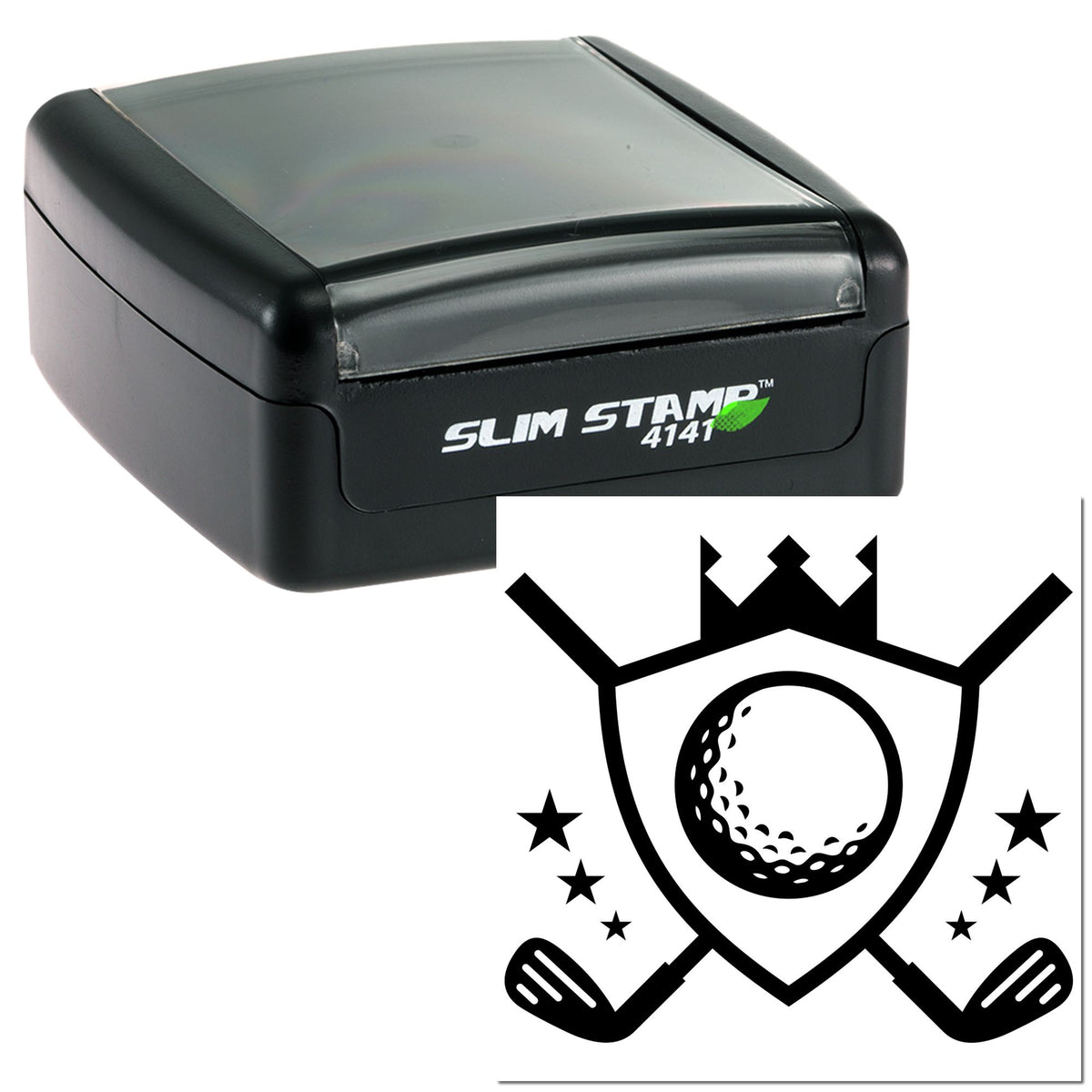 Black Slim Stamp 4141 self-inking stamp with golf seal logo, crossed clubs, and ball on white background