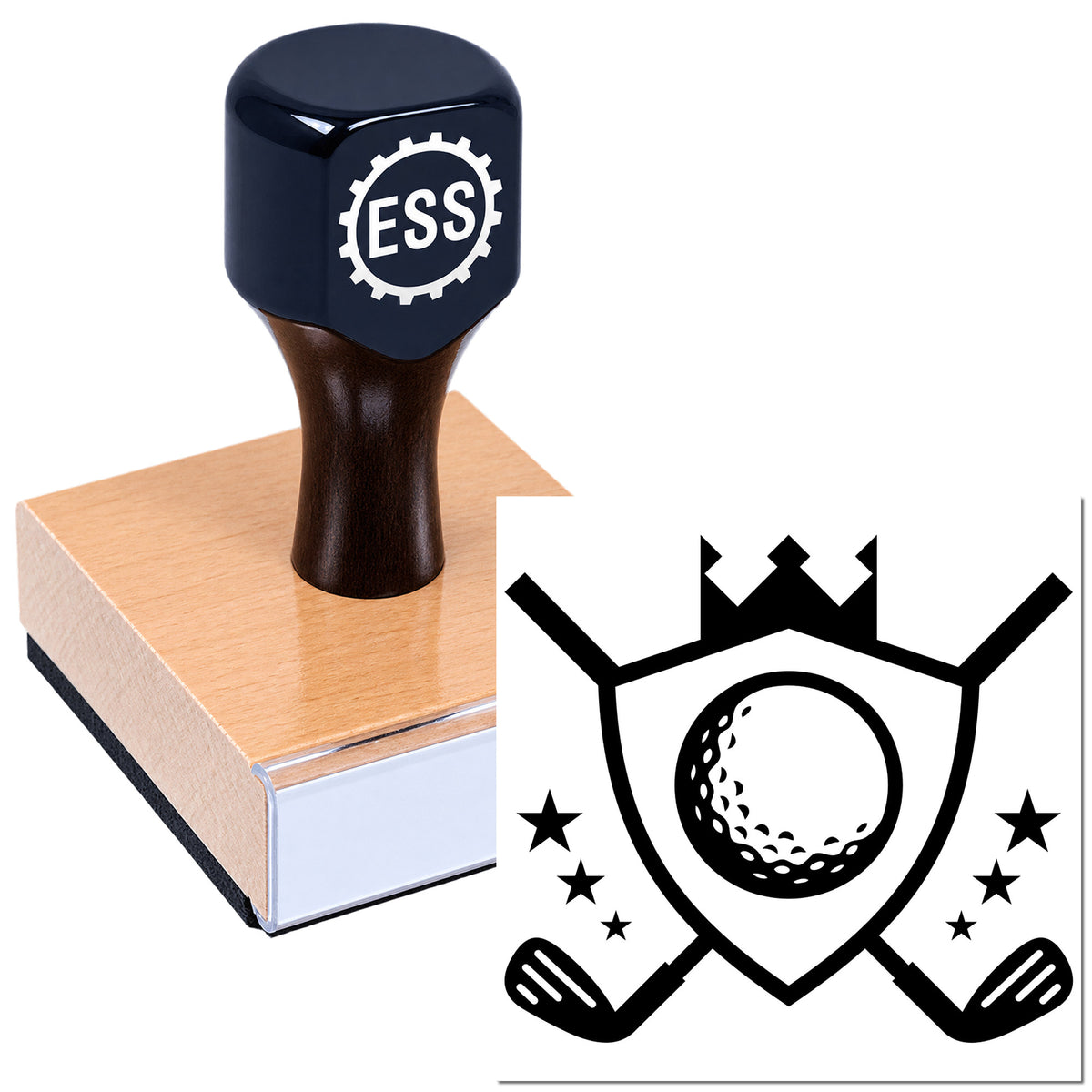 Dark navy ESSI rubber stamp on a wood block beside a black golf crest seal with stars and crossed clubs.