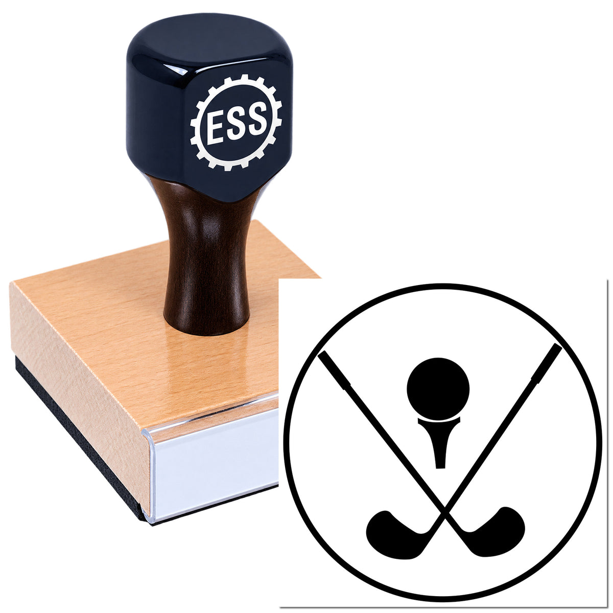 Dark blue ESS stamp mounted on a pink rubber block, with a black crossed-out golf seal icon