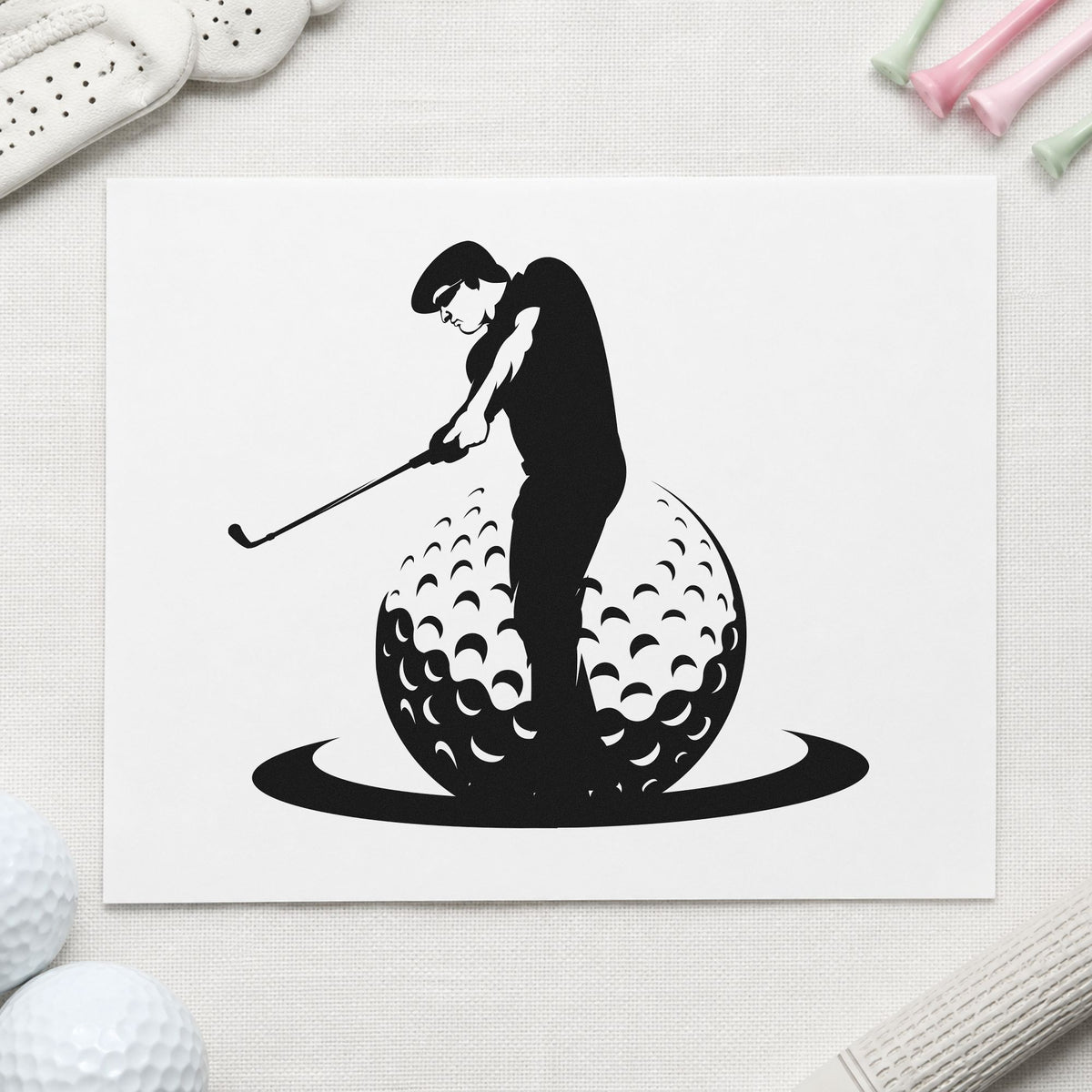 Golfer Standing On Ball rubber stamp printed in black ink, ready for swing change sheet and similar paper crafts.