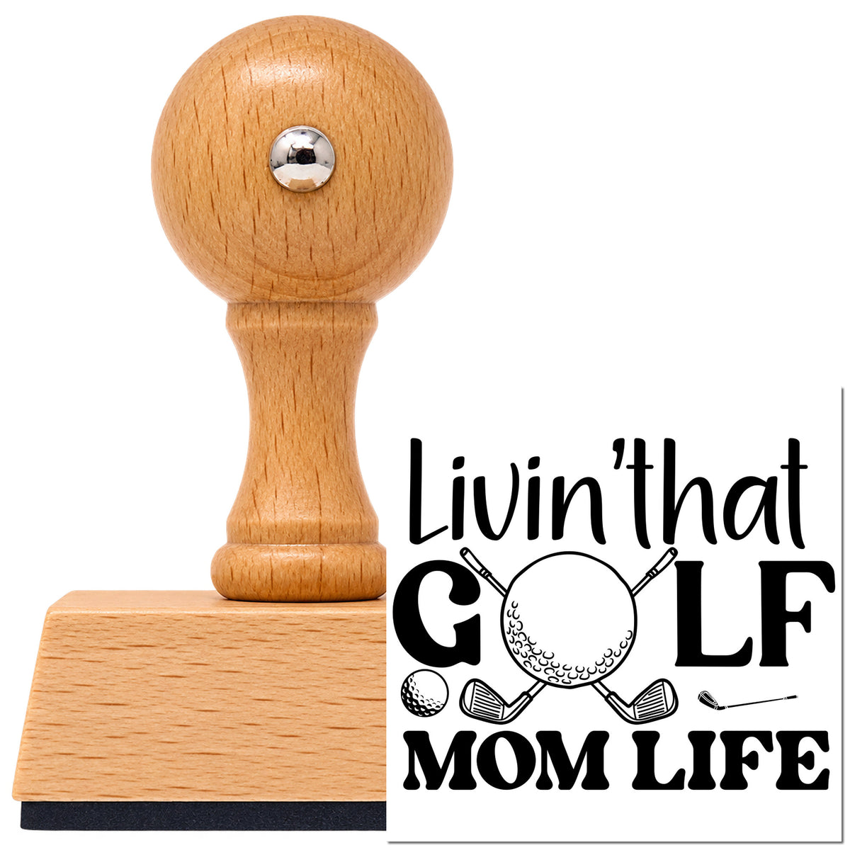 Vintage Pro beech wood stamp with a round knob handle, shown with its black Golf Mom Life Ball And Clubs imprint on white.