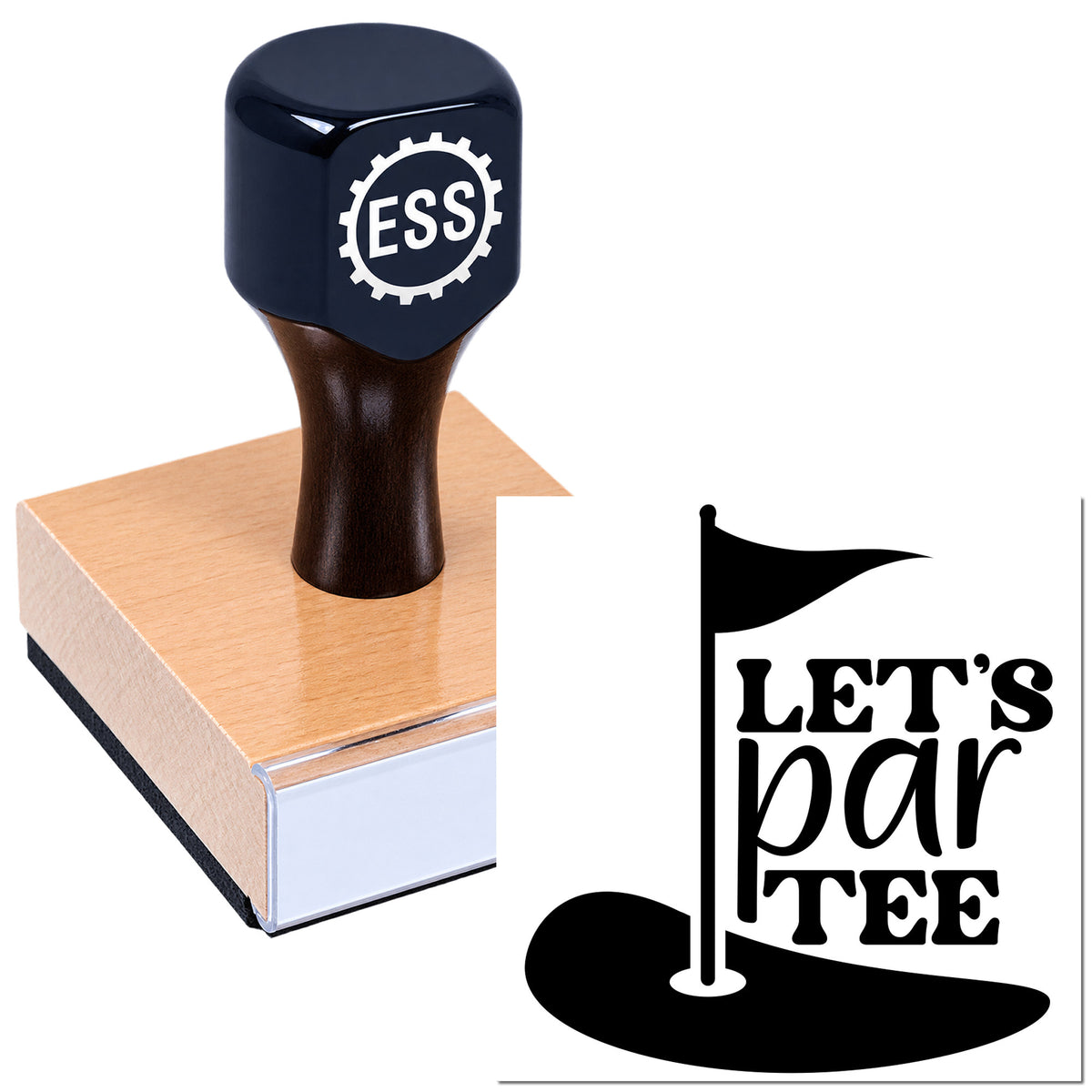Navy blue ESS stamp and seal on copper block with black "LET'S parTEE" flag logo