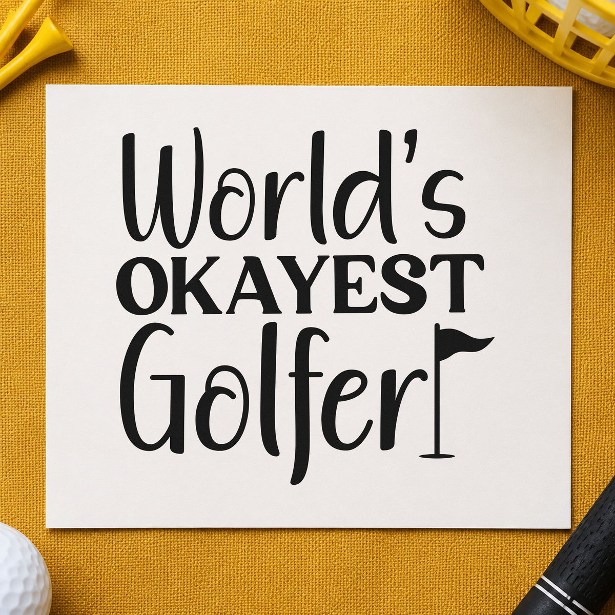 Worlds Okayest Golfer Quote craft stamp imprint in black ink on a handmade project, one idea being starter set gift tags.