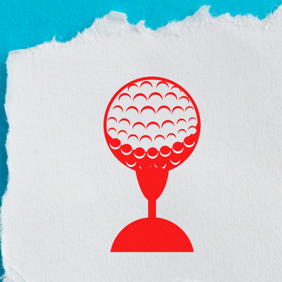 Red golf ball and tee stamp seal on torn white paper with bright blue background.