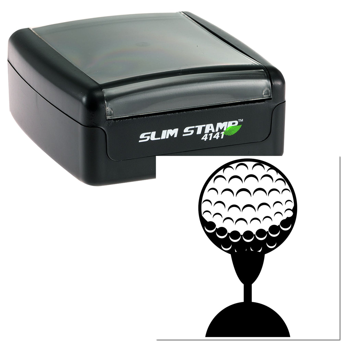 Black Slim Stamp 4141 self-inking stamp with round golf ball seal impression on white background