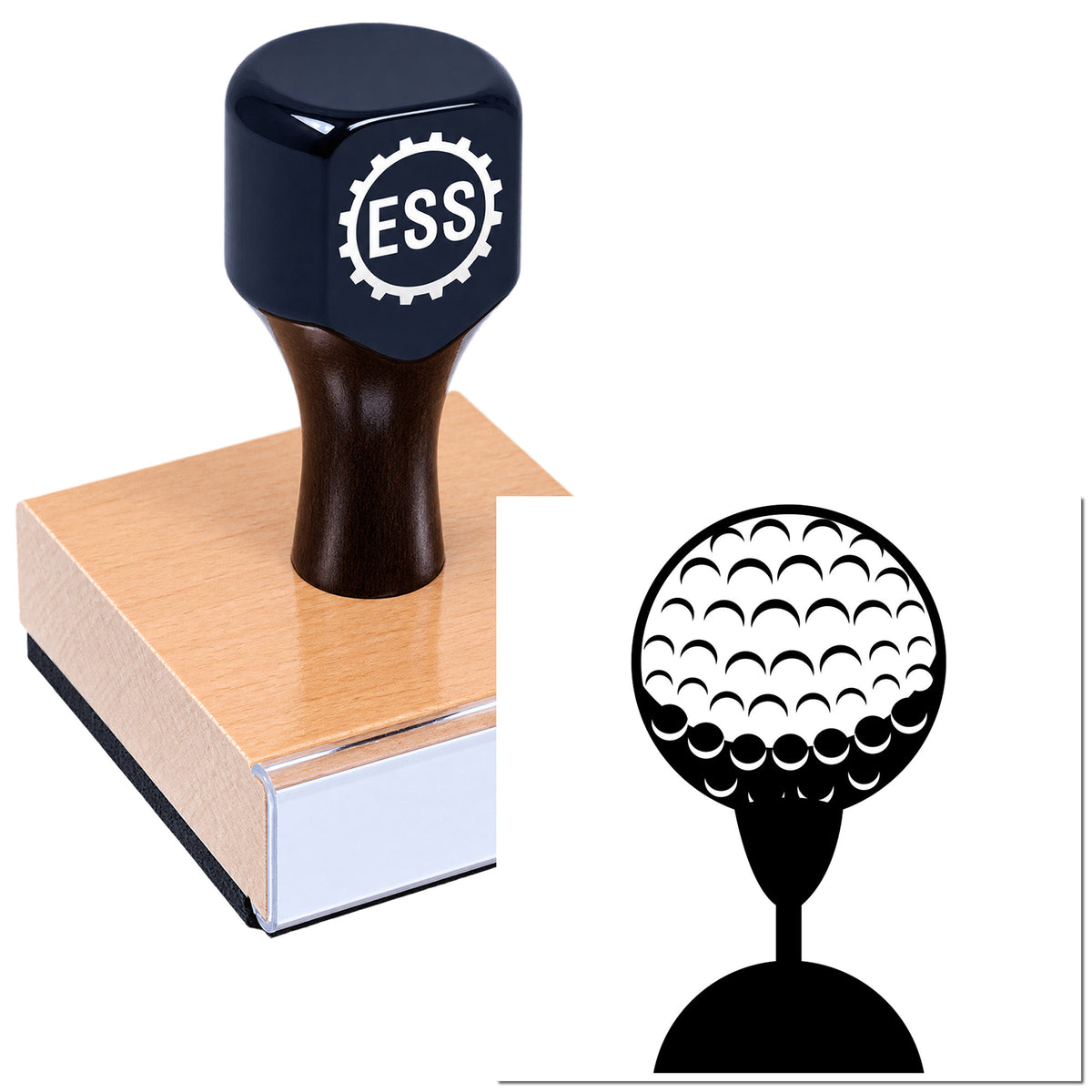 Dark navy ESS rubber stamp on a pink sealing block with a circular golf-ball-style seal design.