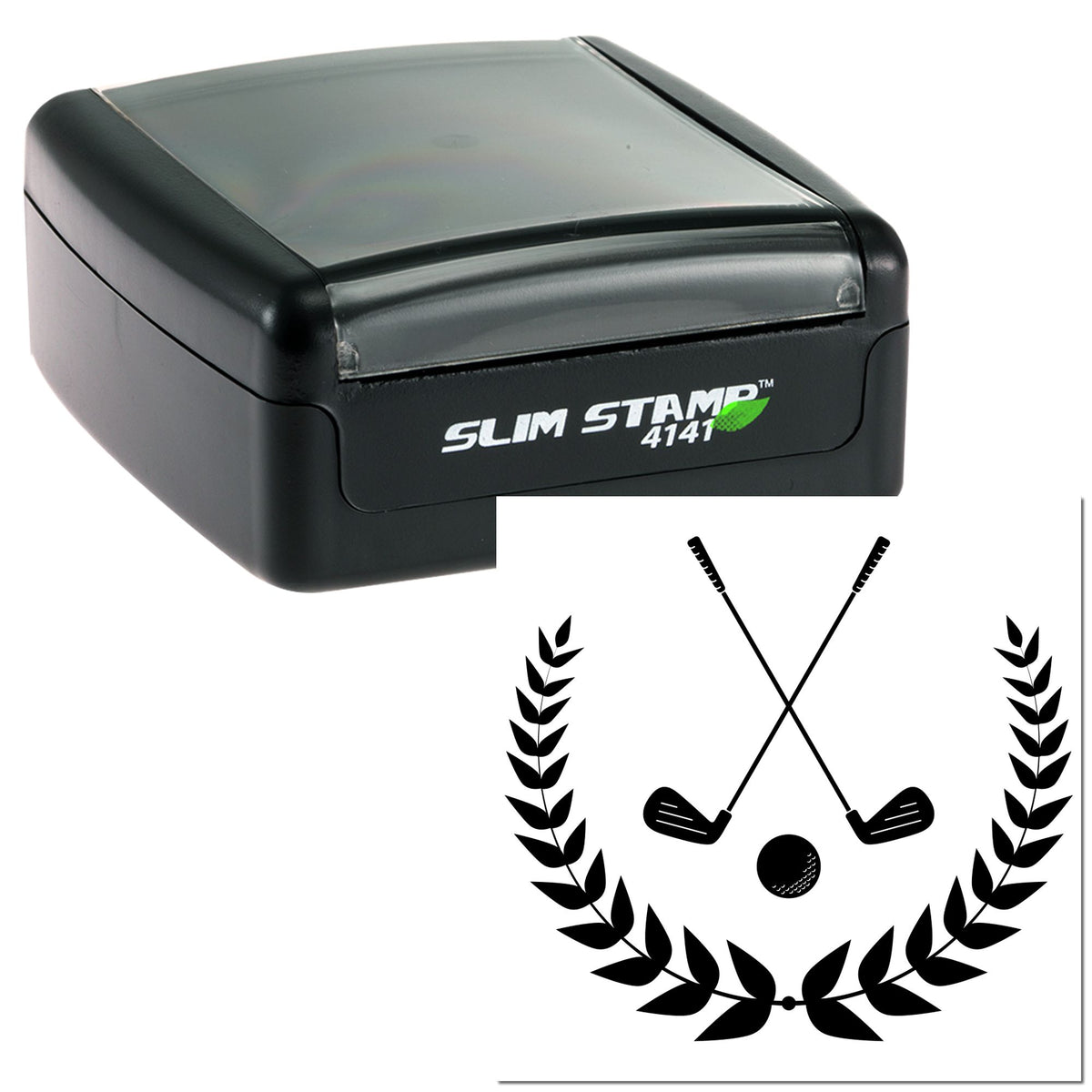 Black Slim Stamp 4141 self-inking seal with crossed golf clubs, golf ball, and laurel wreath.