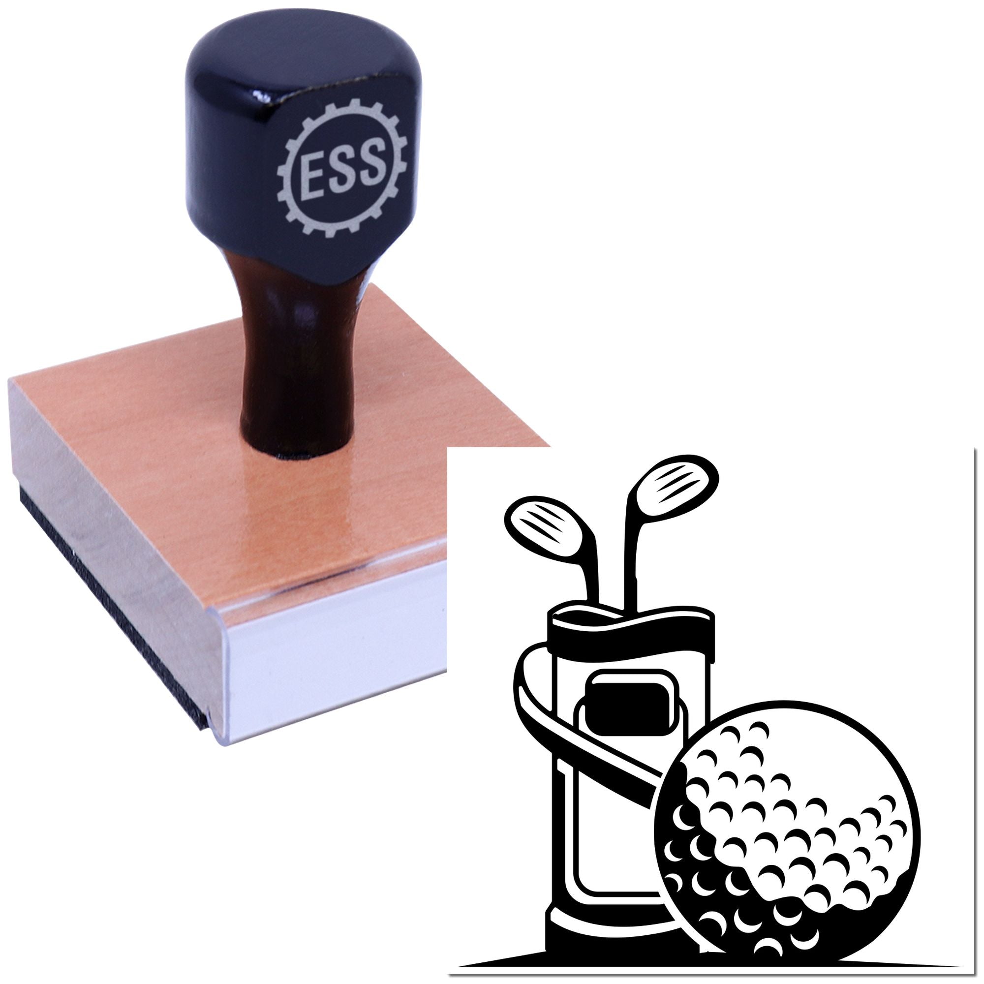 Black ESS golf club head stamp with pink base and golf ball icon, showing a custom stamp and seal product.