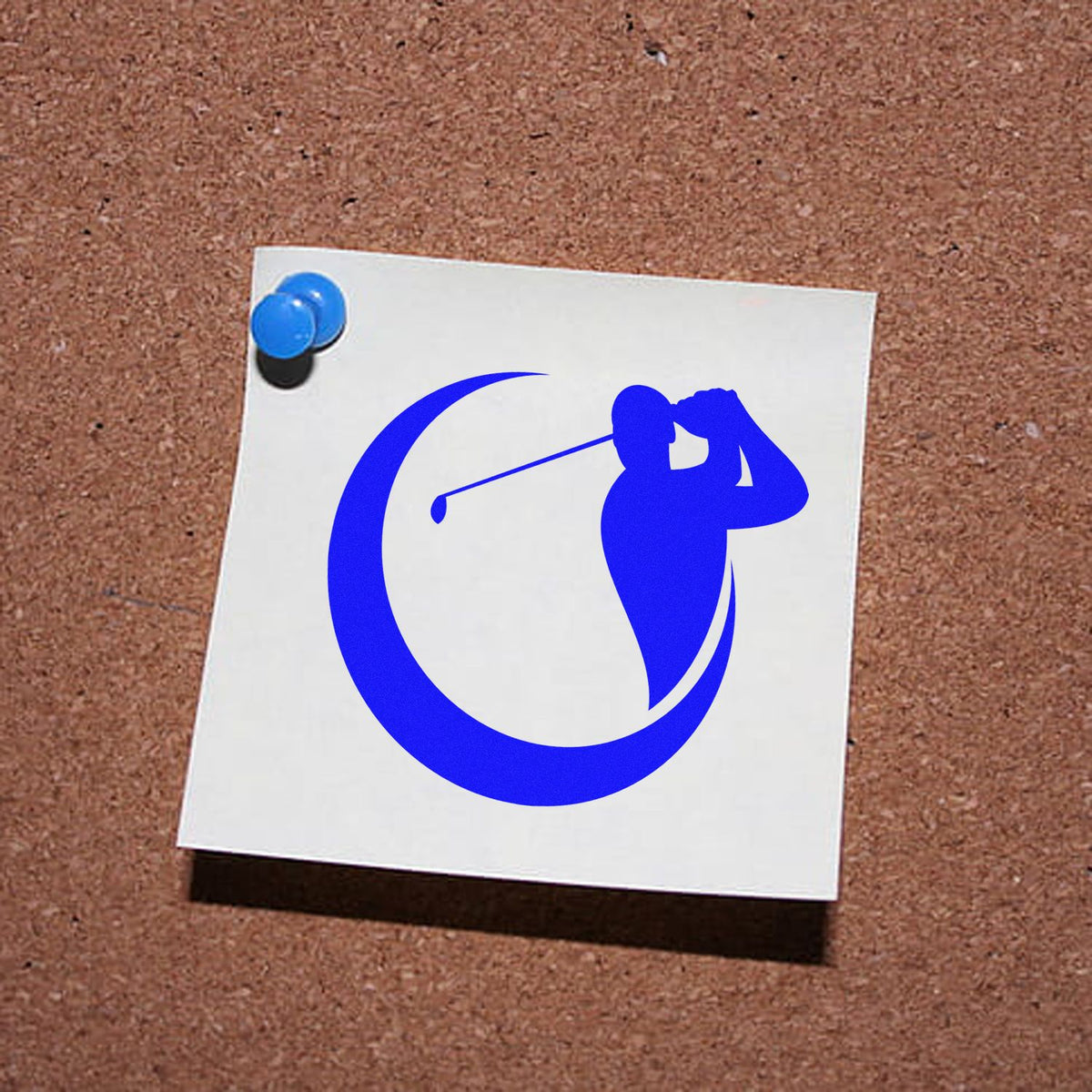 Blue golf golfer logo stamp seal on white paper, pinned to a brown corkboard.