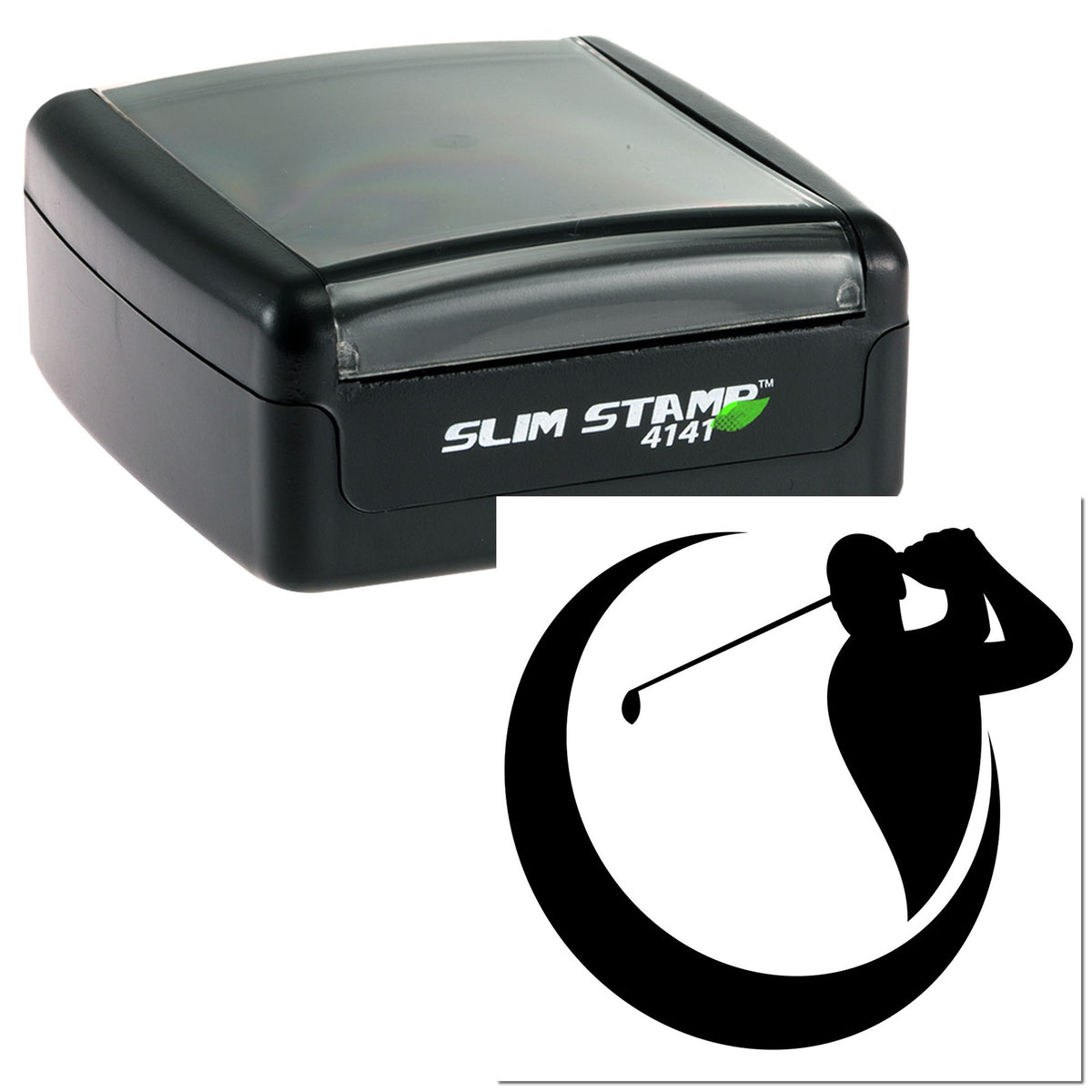 Black Slim Stamp 4141 self-inking stamp and seal, black case with translucent gray top, featuring golfer silhouette design