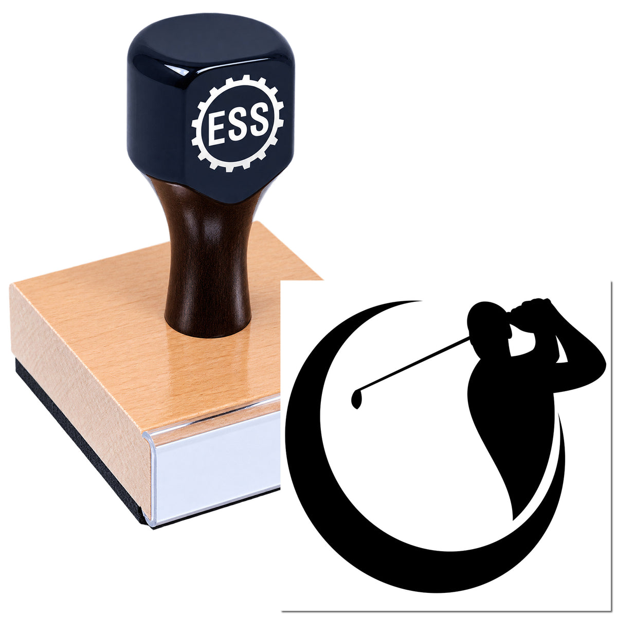 Dark navy ESS gear-logo rubber stamp on a peach wooden block, with black golfer seal silhouette on white background.