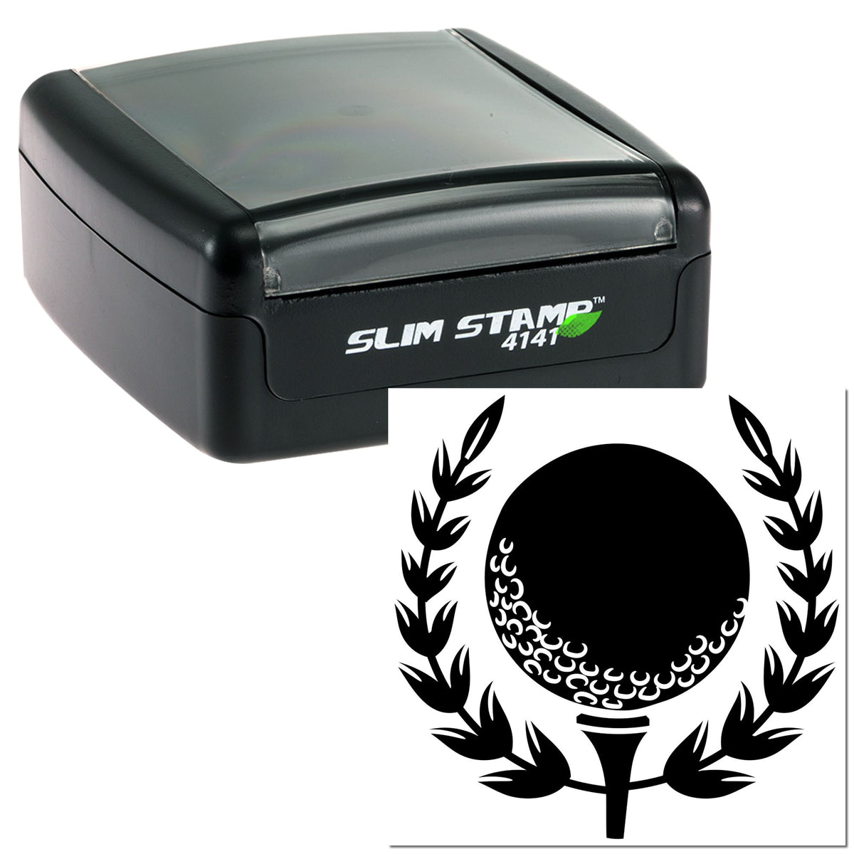 Black Slim Stamp 4141 self-inking stamp and seal with translucent gray cap and black laurel wreath emblem.