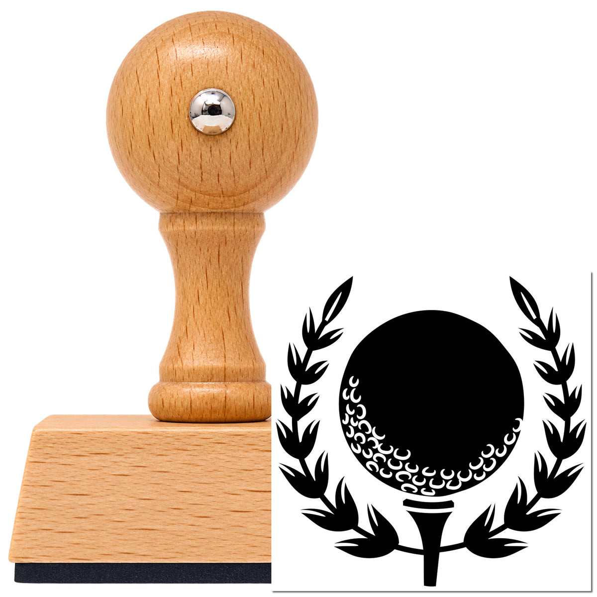 Vintage Pro beech wood stamp with a round knob handle, shown with its black Golf Ball Tee Laurel Leaf Accents imprint on white.
