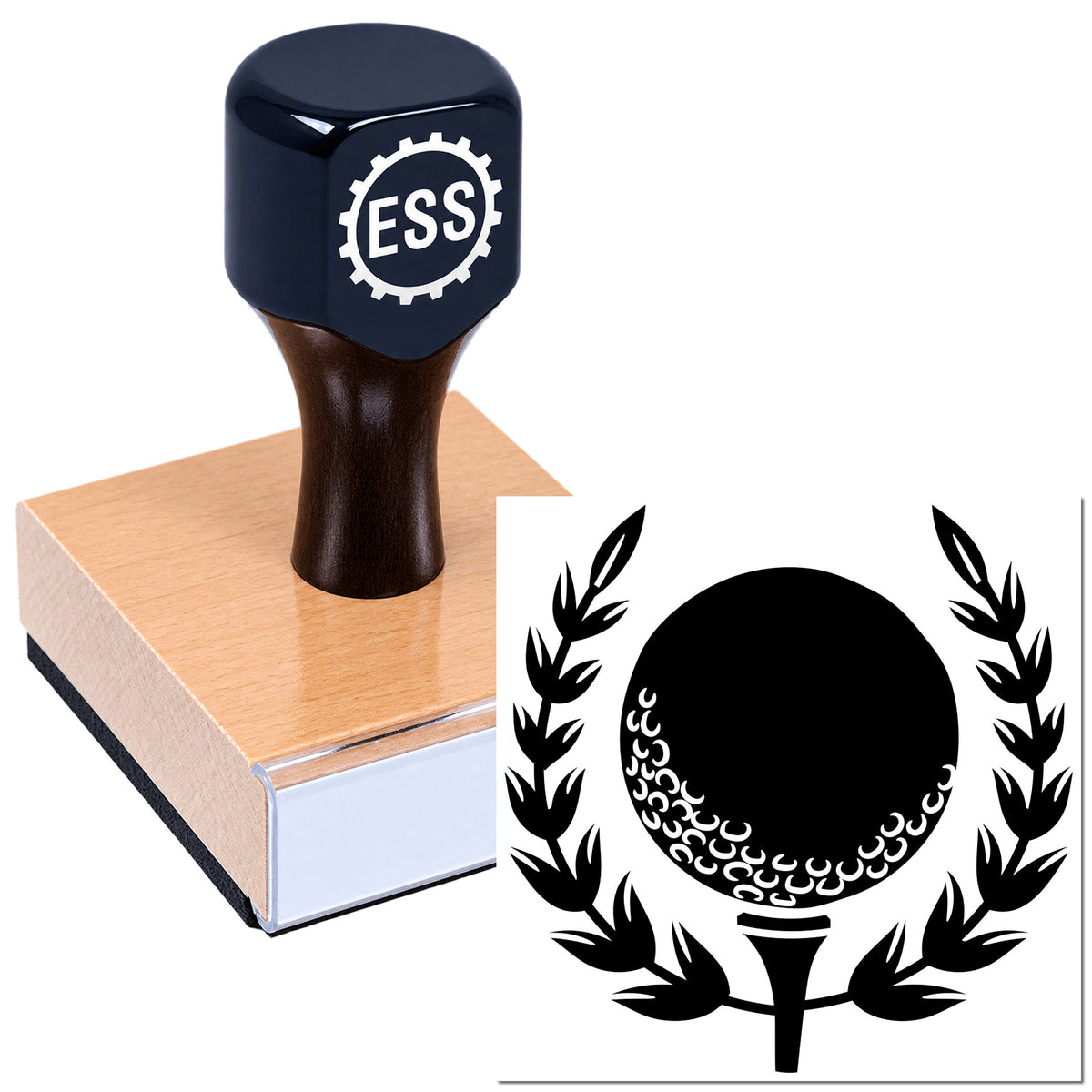 Black ESS stamp seal on a wooden block, with a matching laurel-style emblem design.