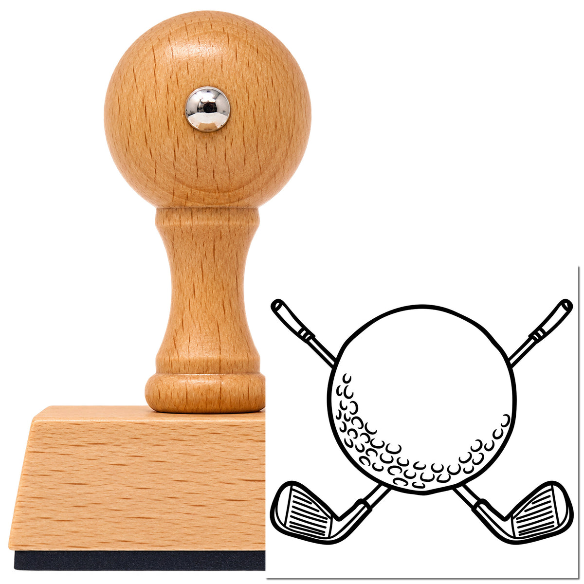 Vintage Pro beech wood stamp with a round knob handle, shown with its black Golf Ball Crossed Clubs imprint on white.