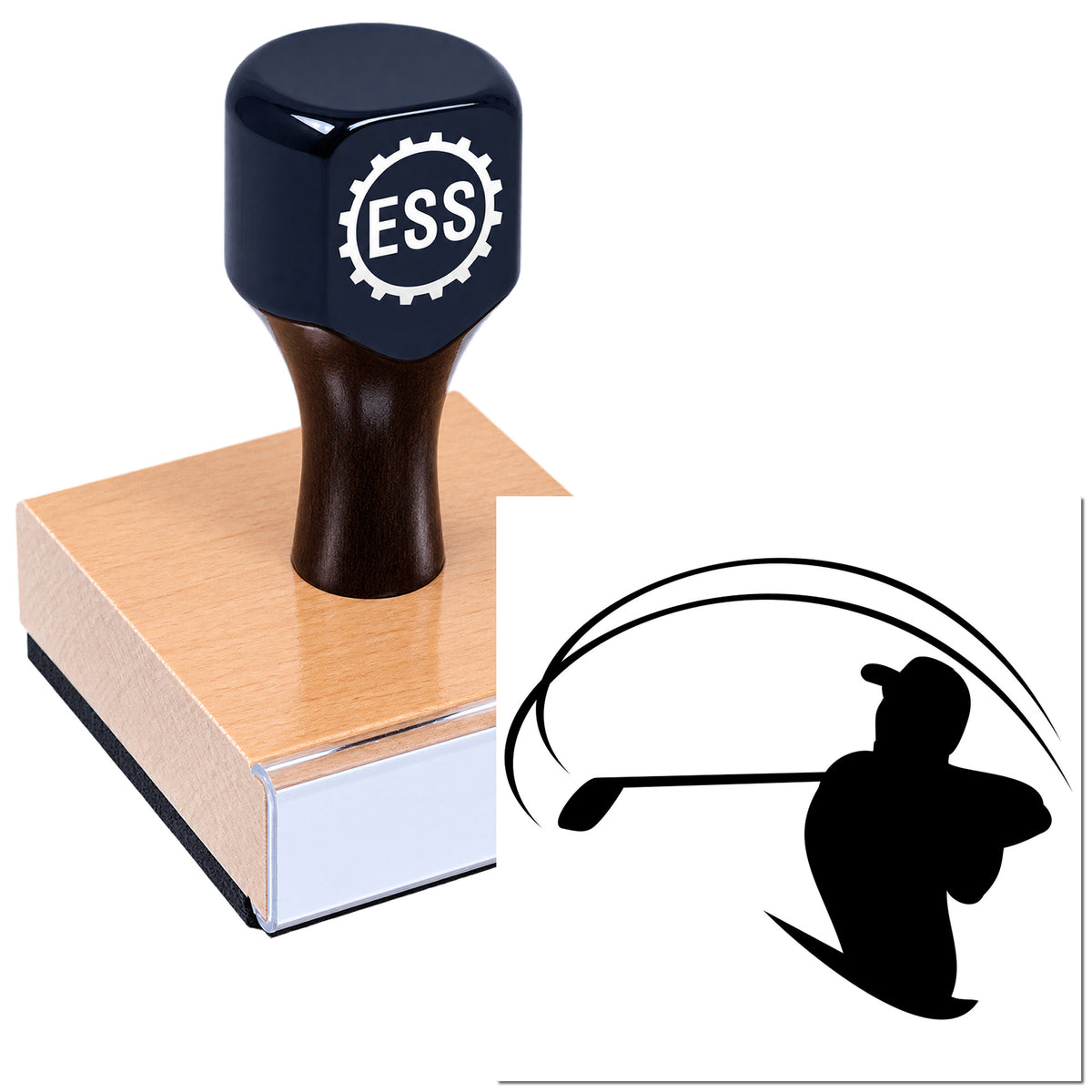 Black ESS rubber stamp with gear logo, set on a copper-colored block, beside a matching seal silhouette.