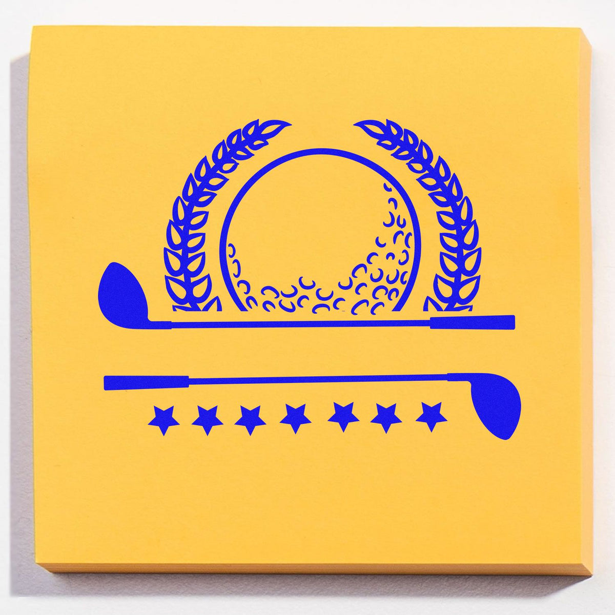 Yellow stamp and seal product box featuring blue golf club, laurel wreath, circle, and stars.