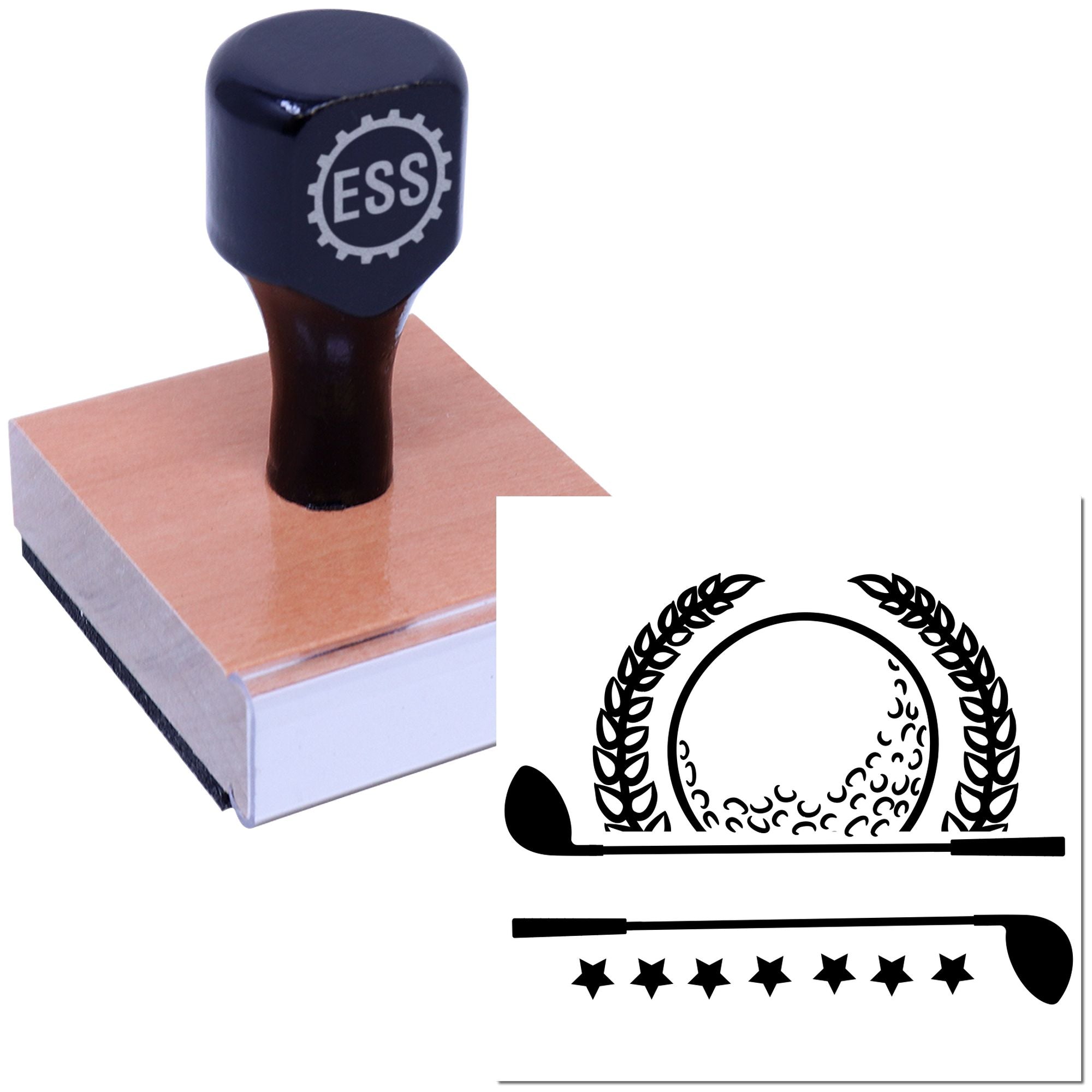 Dark navy ESS rubber stamp on wooden block with pink base, plus black seal designs with laurel and stars.