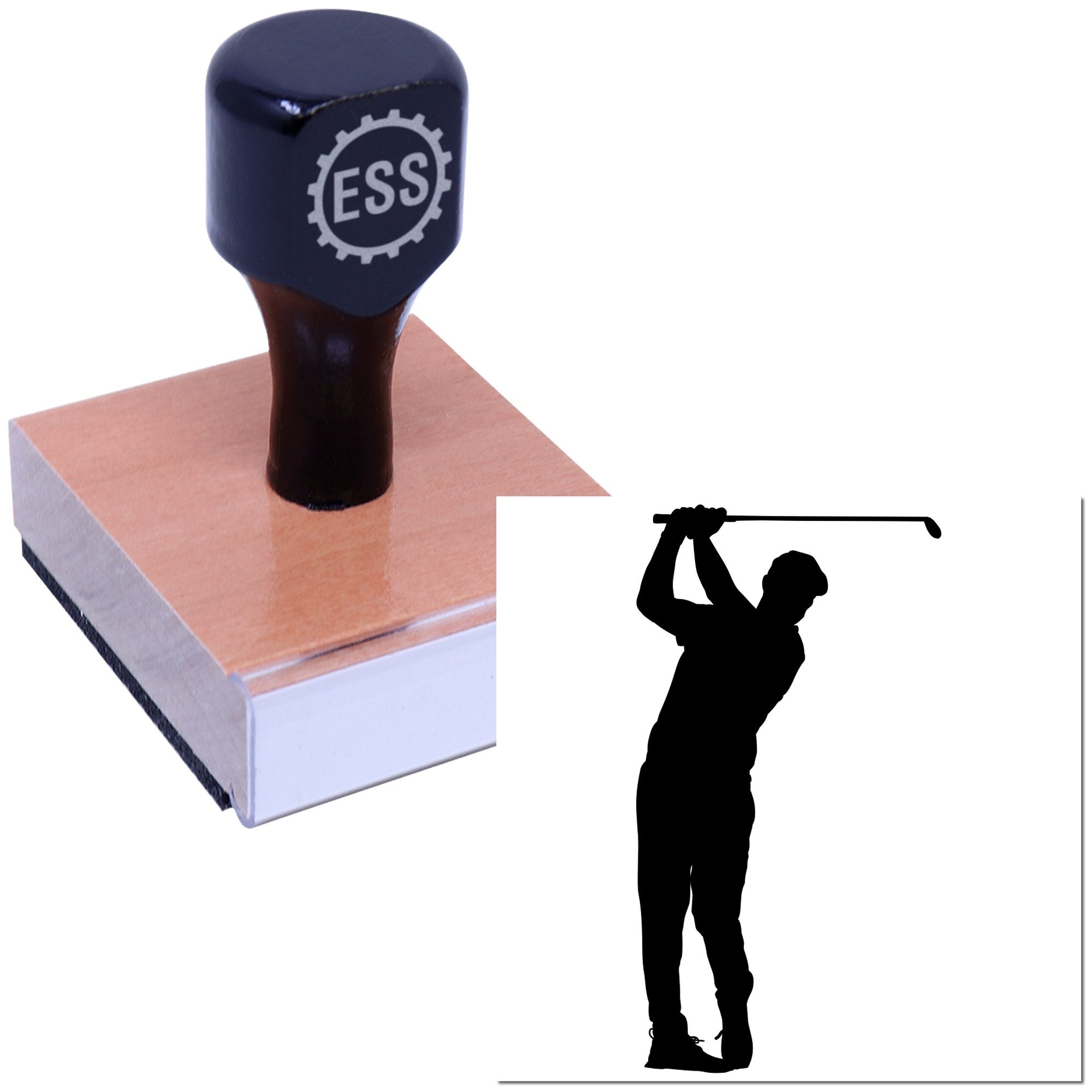 Navy ESS custom stamp seal on pink block, featuring golfer silhouette graphic