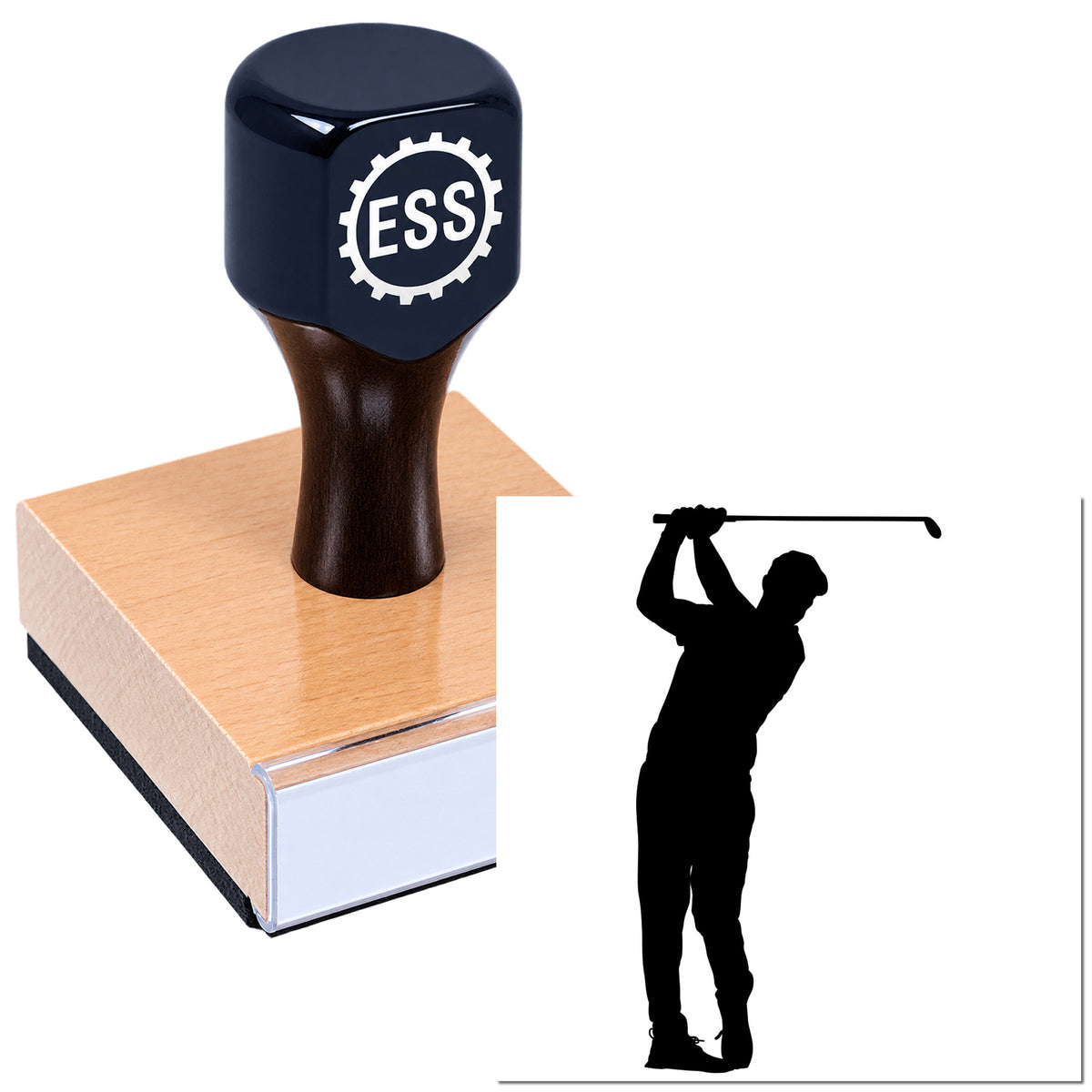Navy ESS custom stamp seal on pink block, featuring golfer silhouette graphic