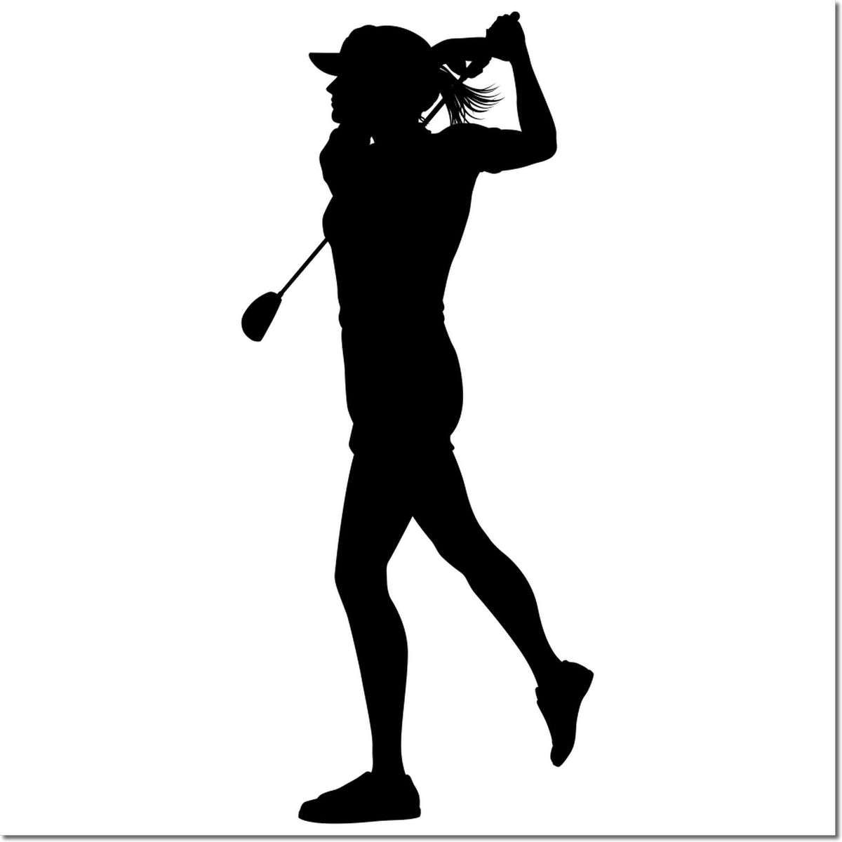 Black golfer silhouette stamp and seal, woman swinging a golf club on white background.