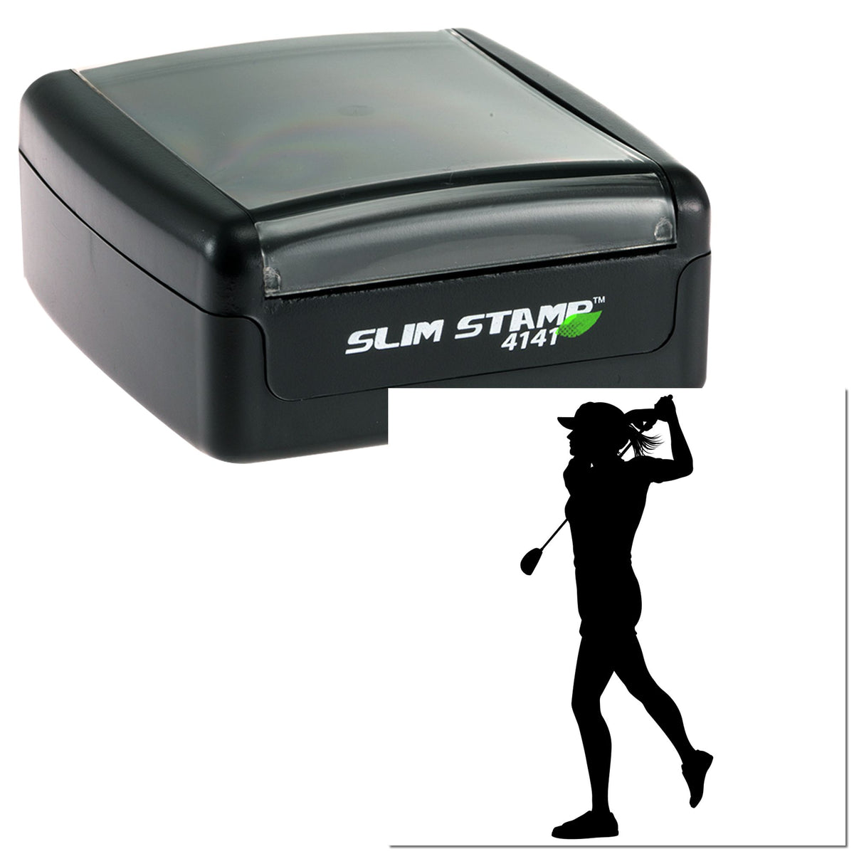 Black Trodat craft stamp featuring a slim female golfer follow-through silhouette for scrapbooking and paper crafting projects.