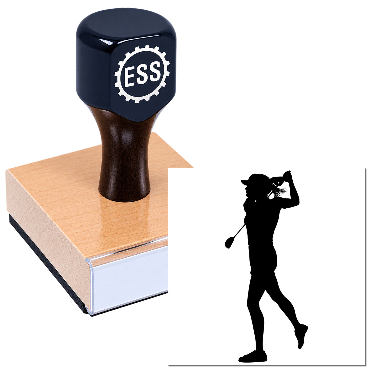 Navy ESS rubber stamp and seal with golfer silhouette on a peach-colored base