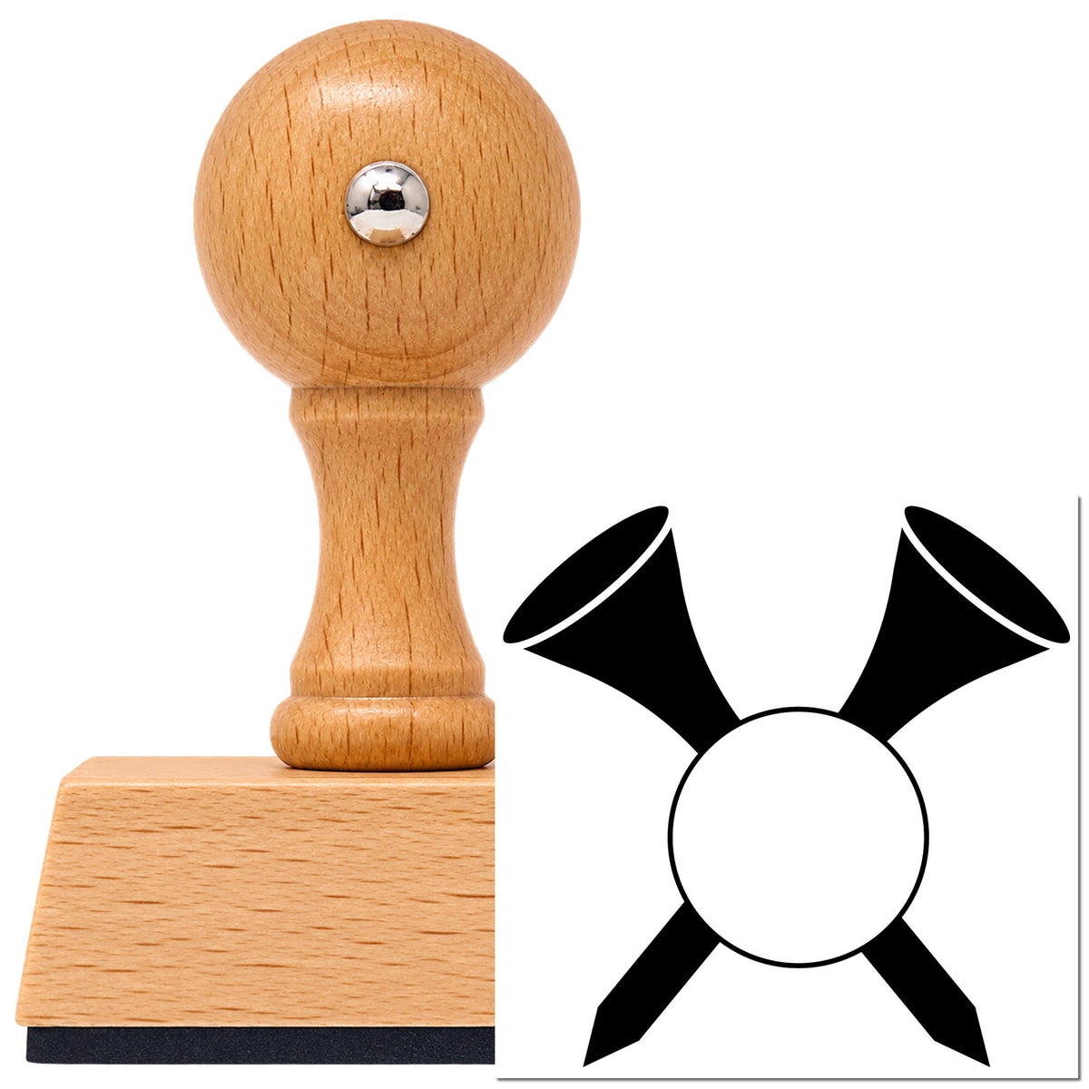 Vintage Pro beech wood stamp with a round knob handle, shown with its black Crossed Golf Tees Ball imprint on white.
