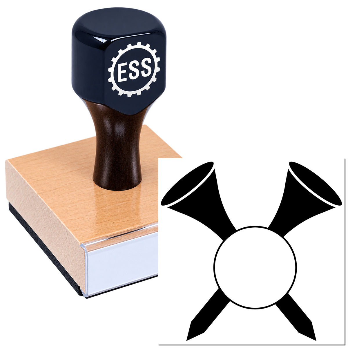 Black ESS seal stamp on tan base with white gear logo, plus black-and-white seal emblem graphic.