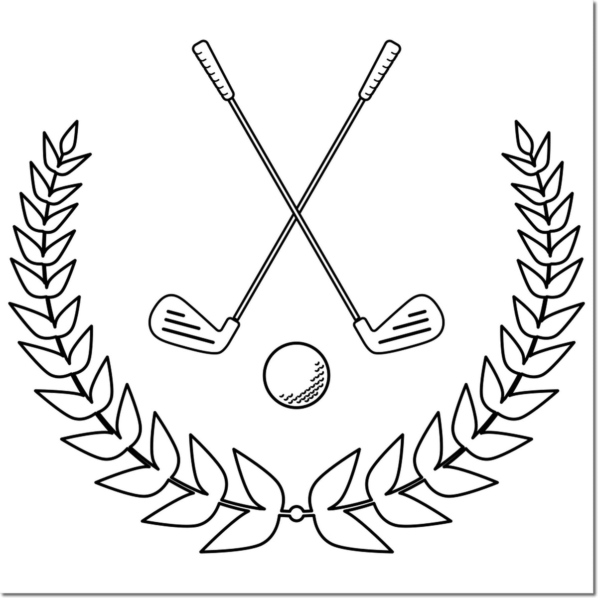 Black line-art golf stamp and seal with crossed clubs, laurel wreath, and golf ball.