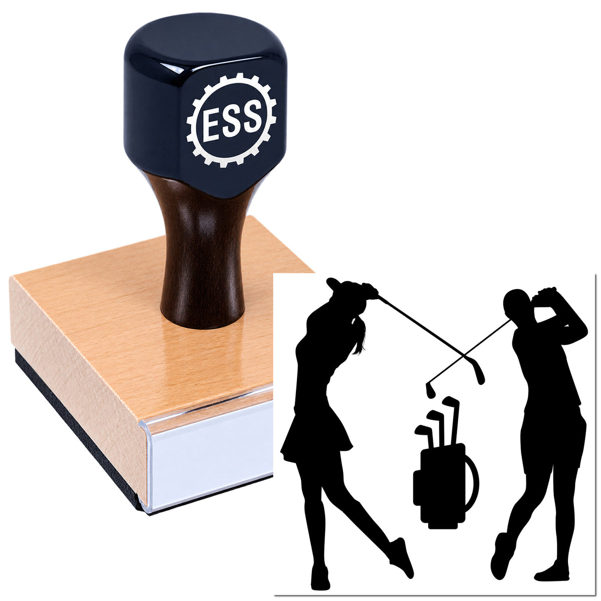 Dark blue ESS stamp seal on a copper-colored block, with golf swing silhouette graphic on a white background.