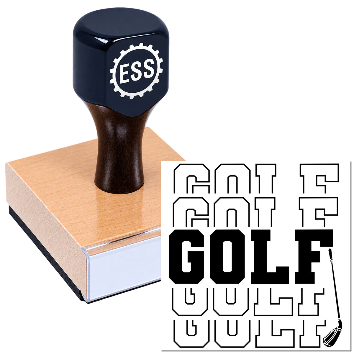 Black ESS stamp and seal handle on copper pad beside bold GOLF logo designs with golf club icon.