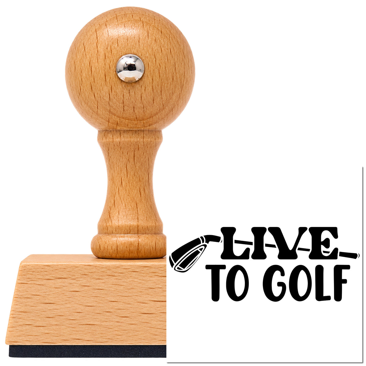 Vintage Pro beech wood stamp with a round knob handle, shown with its black Live To Golf Club imprint on white.