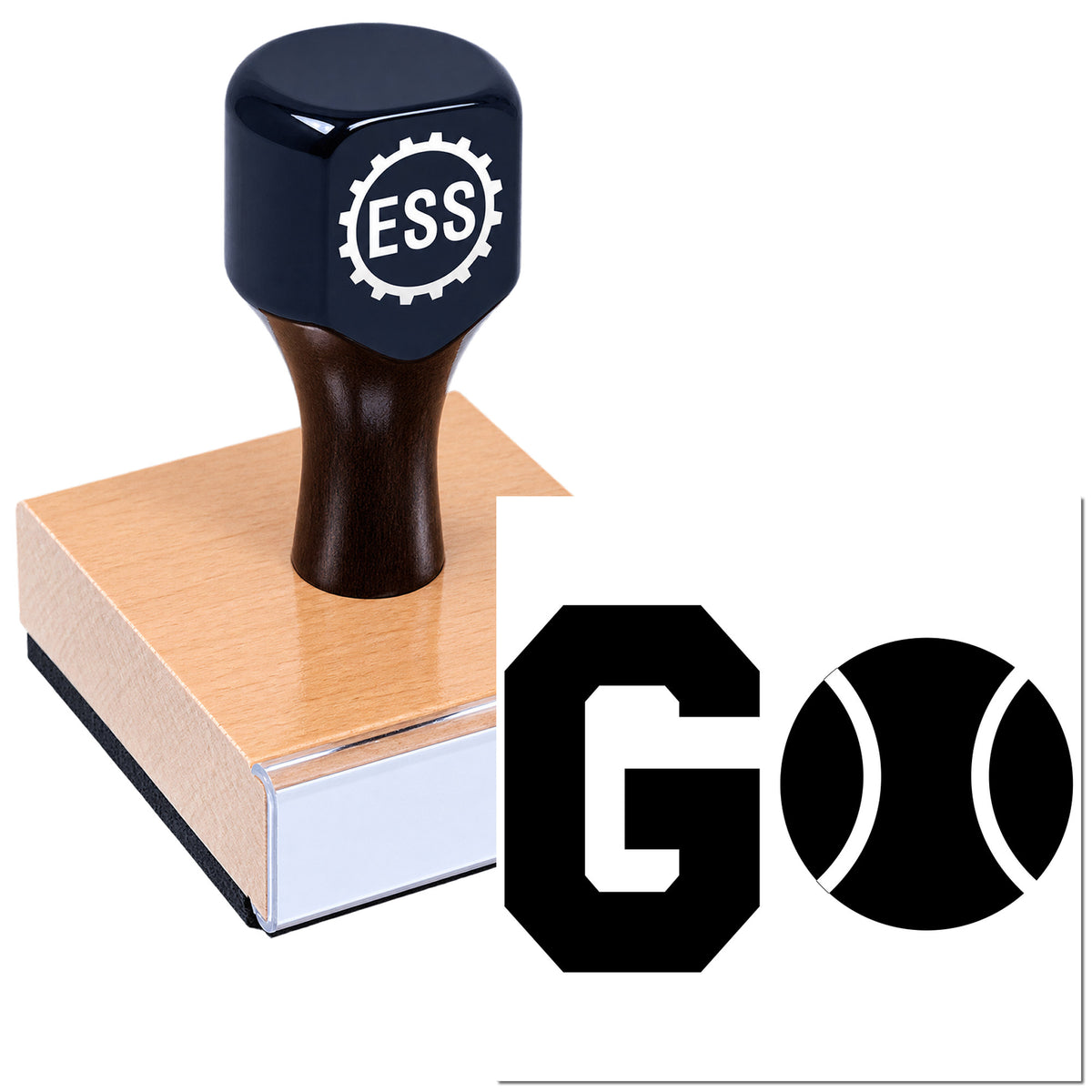 Dark blue ESS rubber stamp and seal on a wooden base with black logo and white lettering