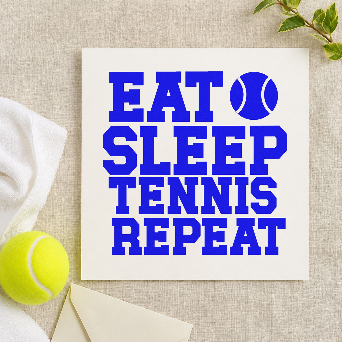 Eat Sleep Tennis Repeat craft stamp in blue ink on cardstock, an easy option for camp cap printing.