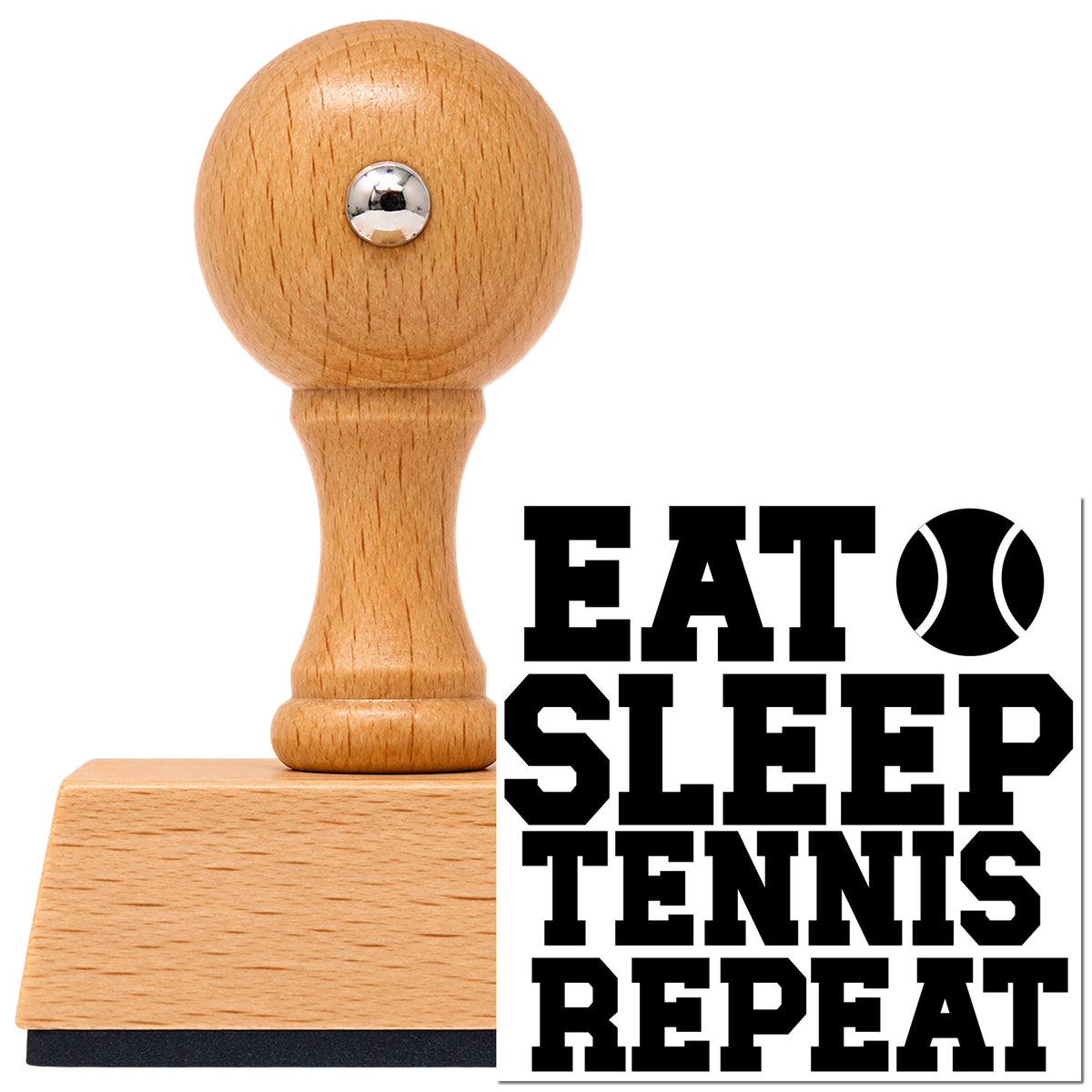 Vintage Pro beech wood stamp with a round knob handle, shown with its black Eat Sleep Tennis Repeat Lettering imprint on white.