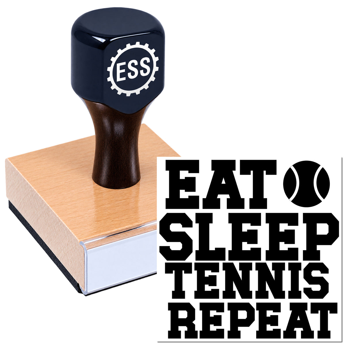 Black ESS stamp and seal on tan pad with EAT SLEEP TENNIS REPEAT text and tennis ball icon.