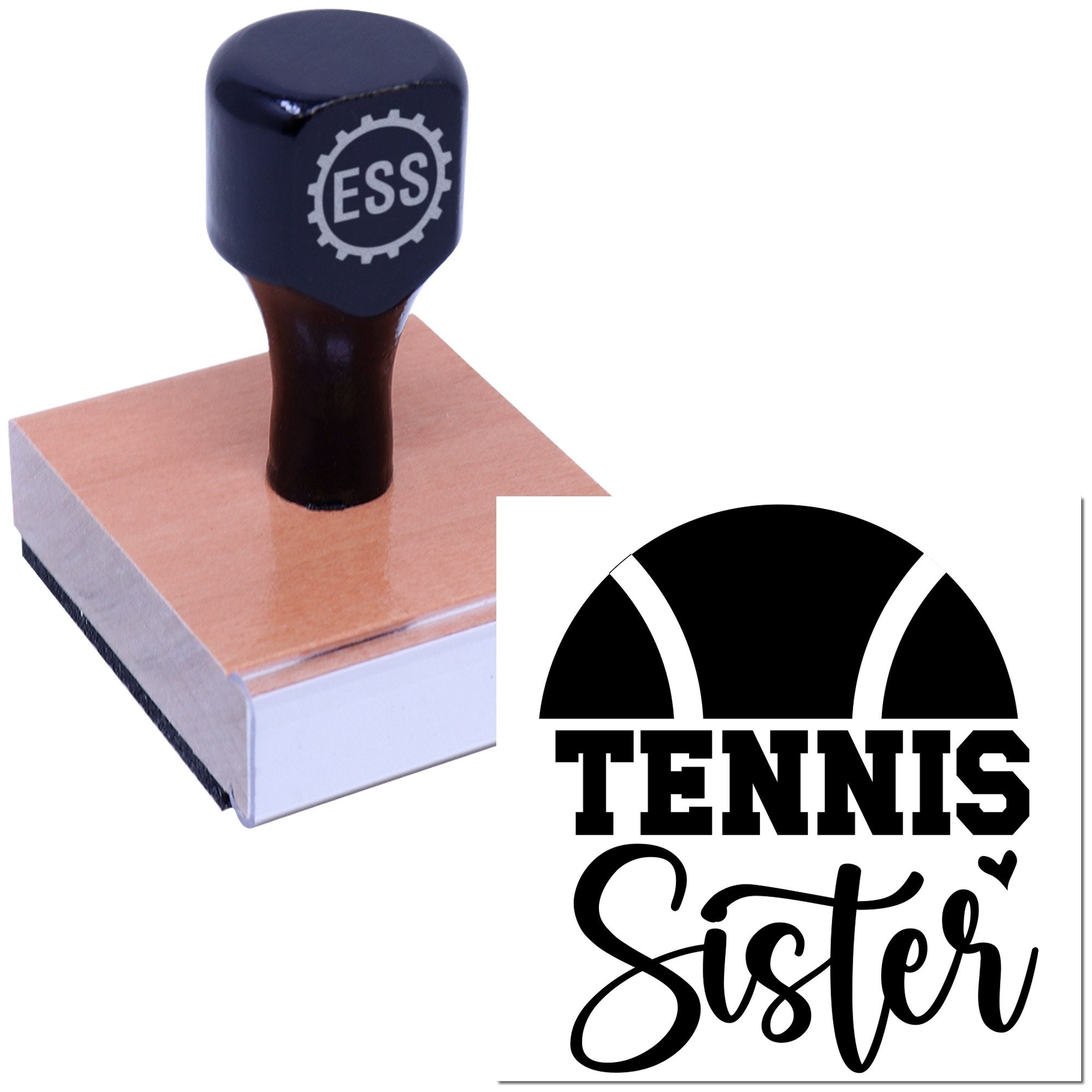 Custom rubber stamp seal with dark blue handle on wooden block, featuring black Tennis Sister logo on white.