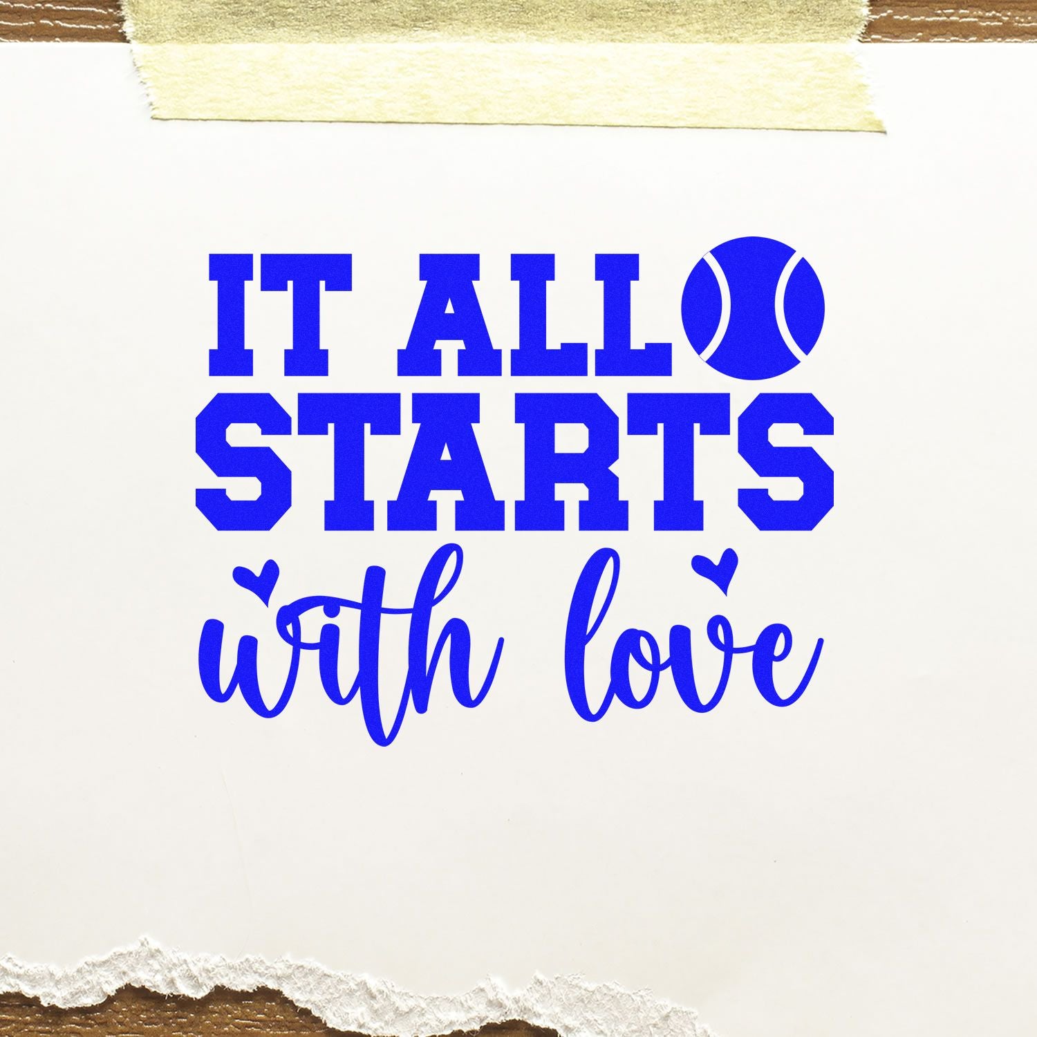 Blue It All Starts with Love stamp and seal design with baseball icon on white paper.