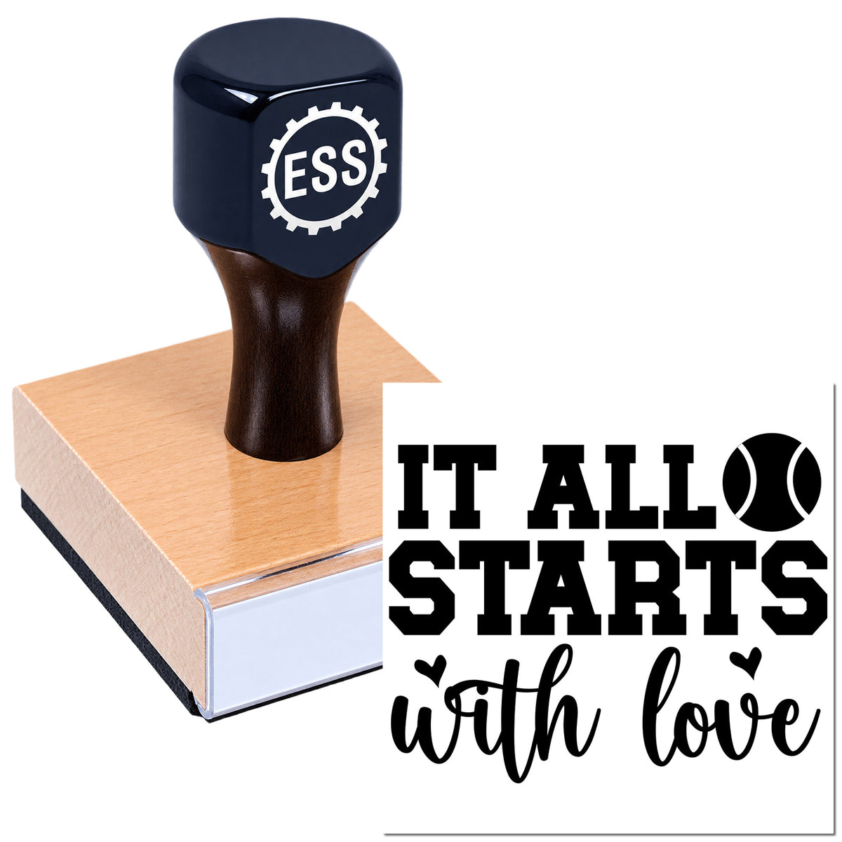 Dark navy custom rubber stamp seal on a copper-toned block with ESS logo and "It All Starts with Love" text.