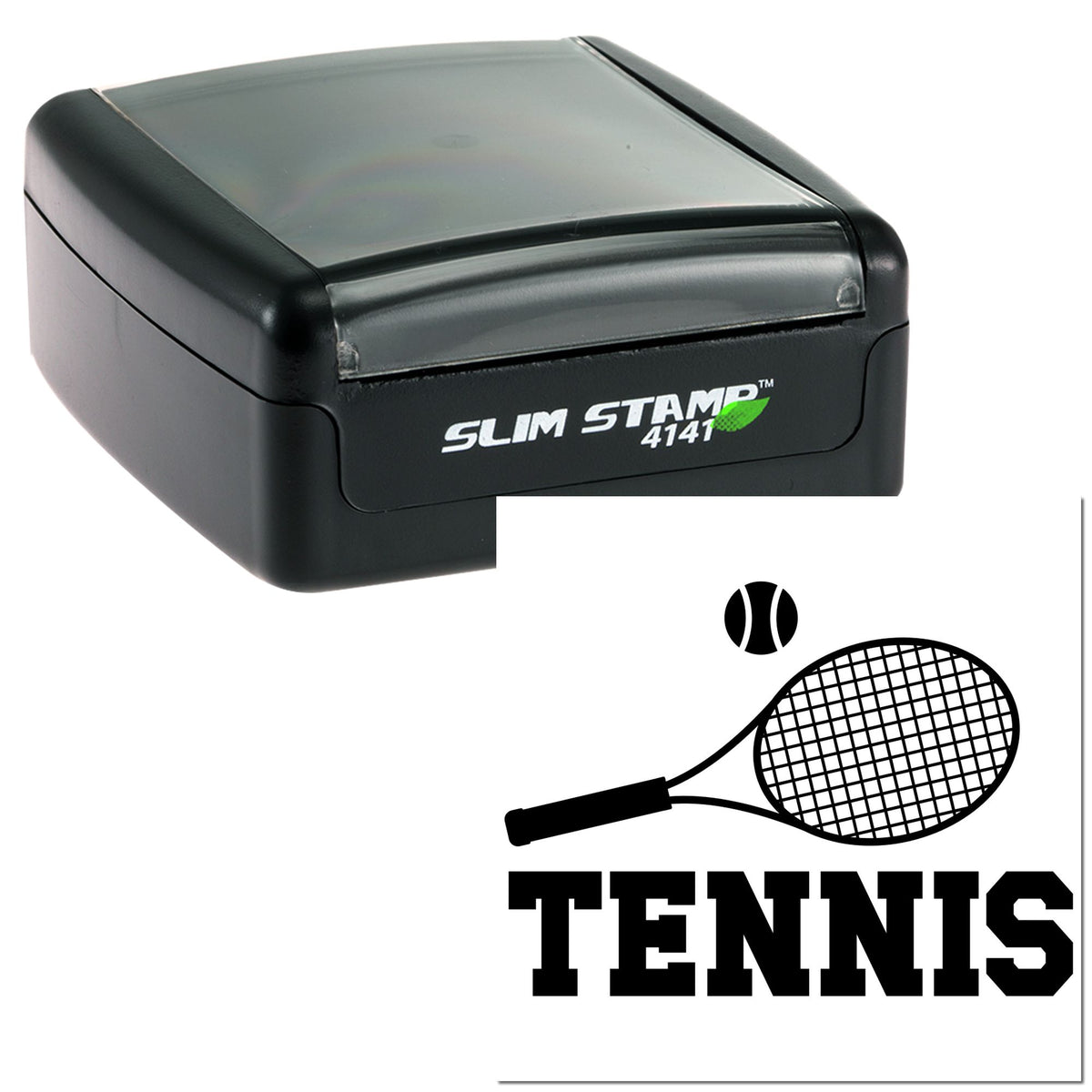 Black Slim Stamp 4141 self-inking stamp with tennis logo, racket and ball, and bold TENNIS text