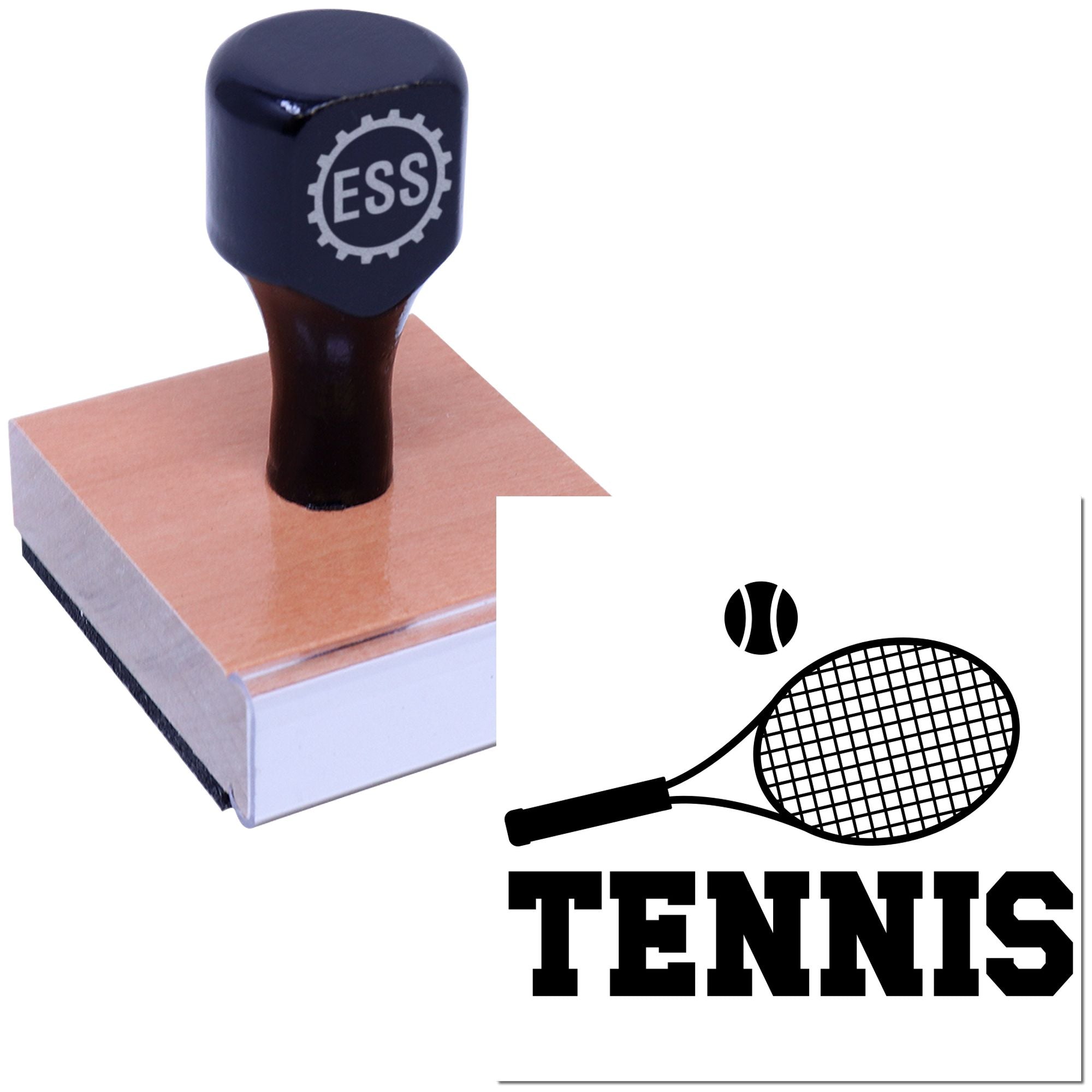 Black tennis stamp seal with racket-and-ball logo on pink base