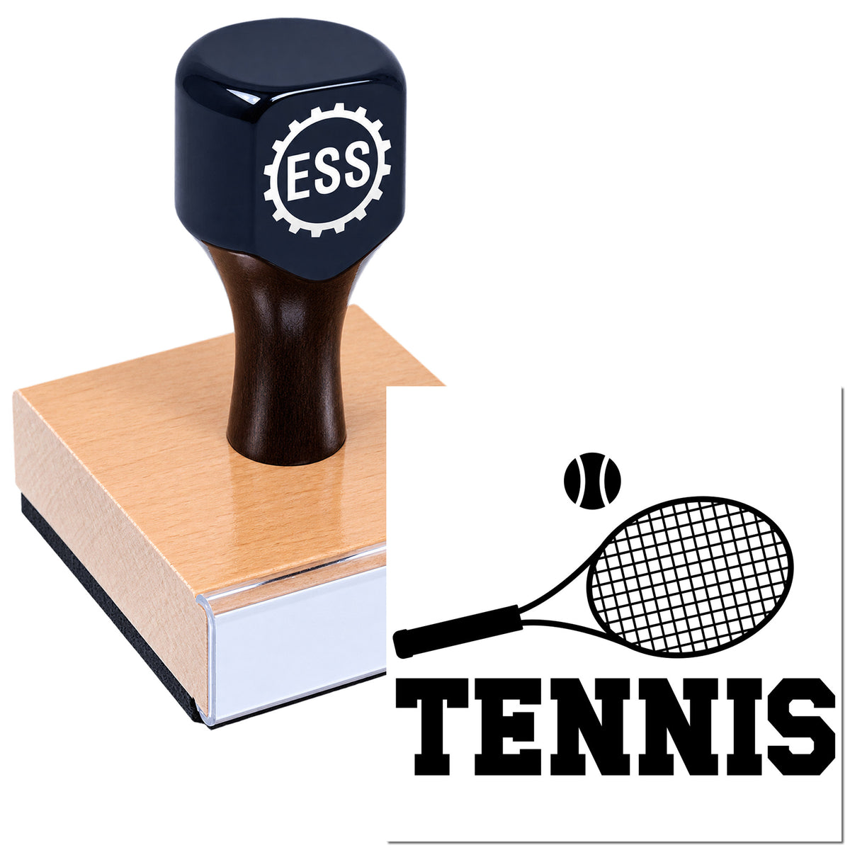 Black tennis stamp seal with racket-and-ball logo on pink base