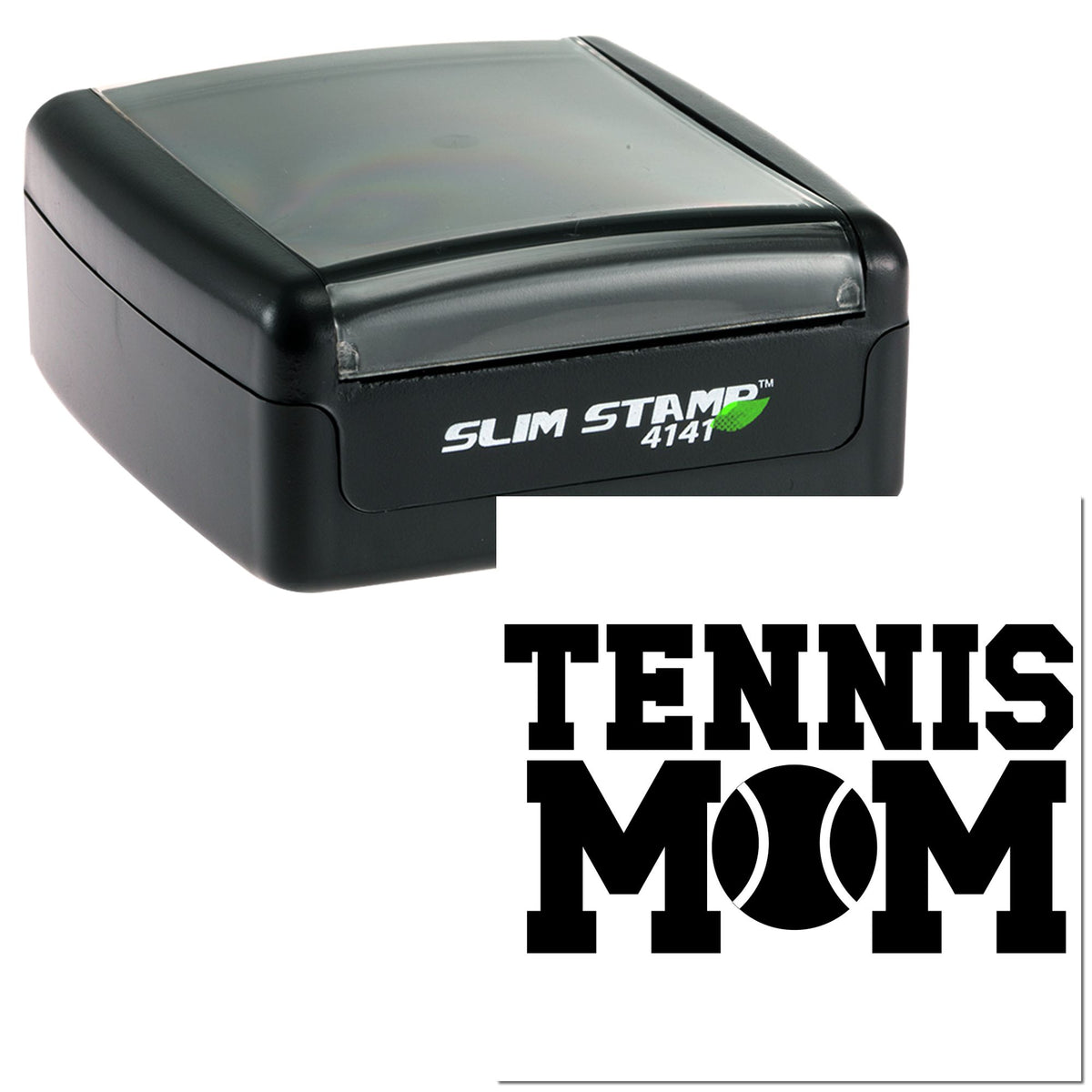 Black Slim Stamp 4141 self-inking seal with translucent gray top and Tennessee Mom logo on white background.