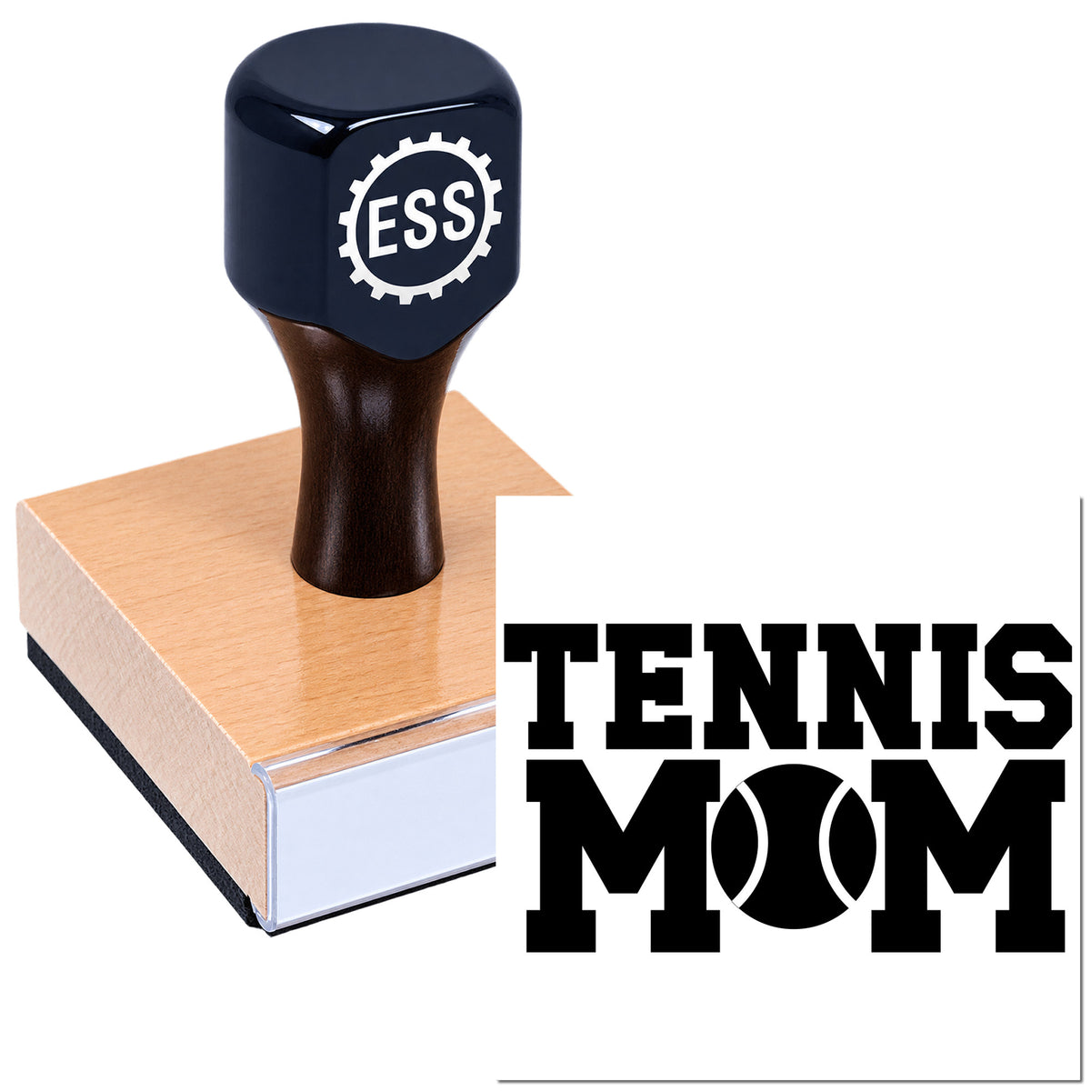 Black custom stamp and copper seal block with bold Tennis Mom text on white background.