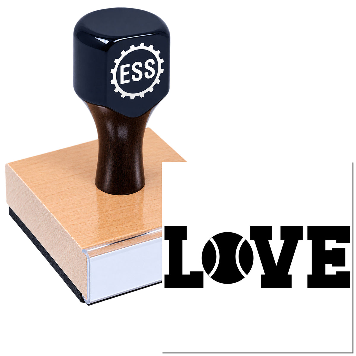 Navy black rubber stamp on rosewood block imprinting LOVE in bold black letters with heart shapes.
