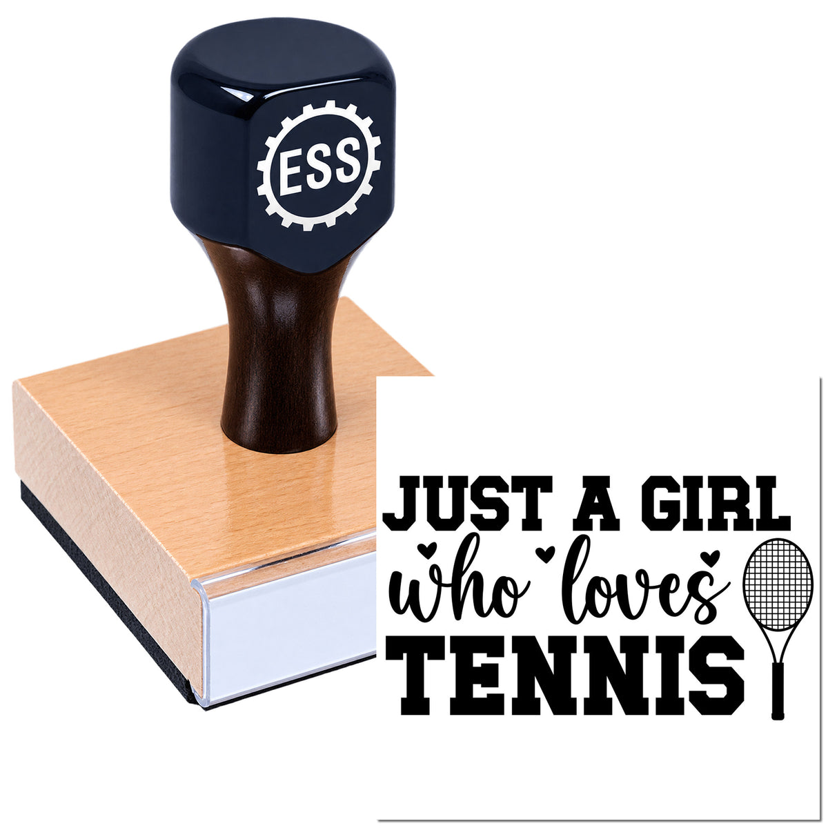 Black ESS stamp/seal on a copper block with "Just a girl who loves tennis" text and a tennis racket icon.