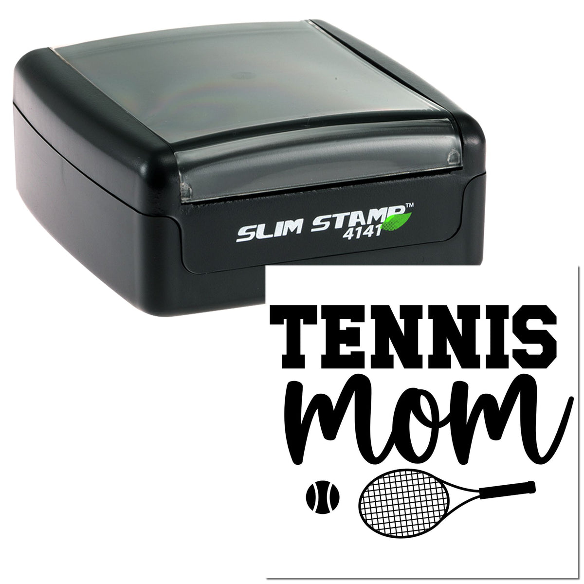 Black slim self-inking stamp and white tennis mom seal design with tennis ball and racket icons.