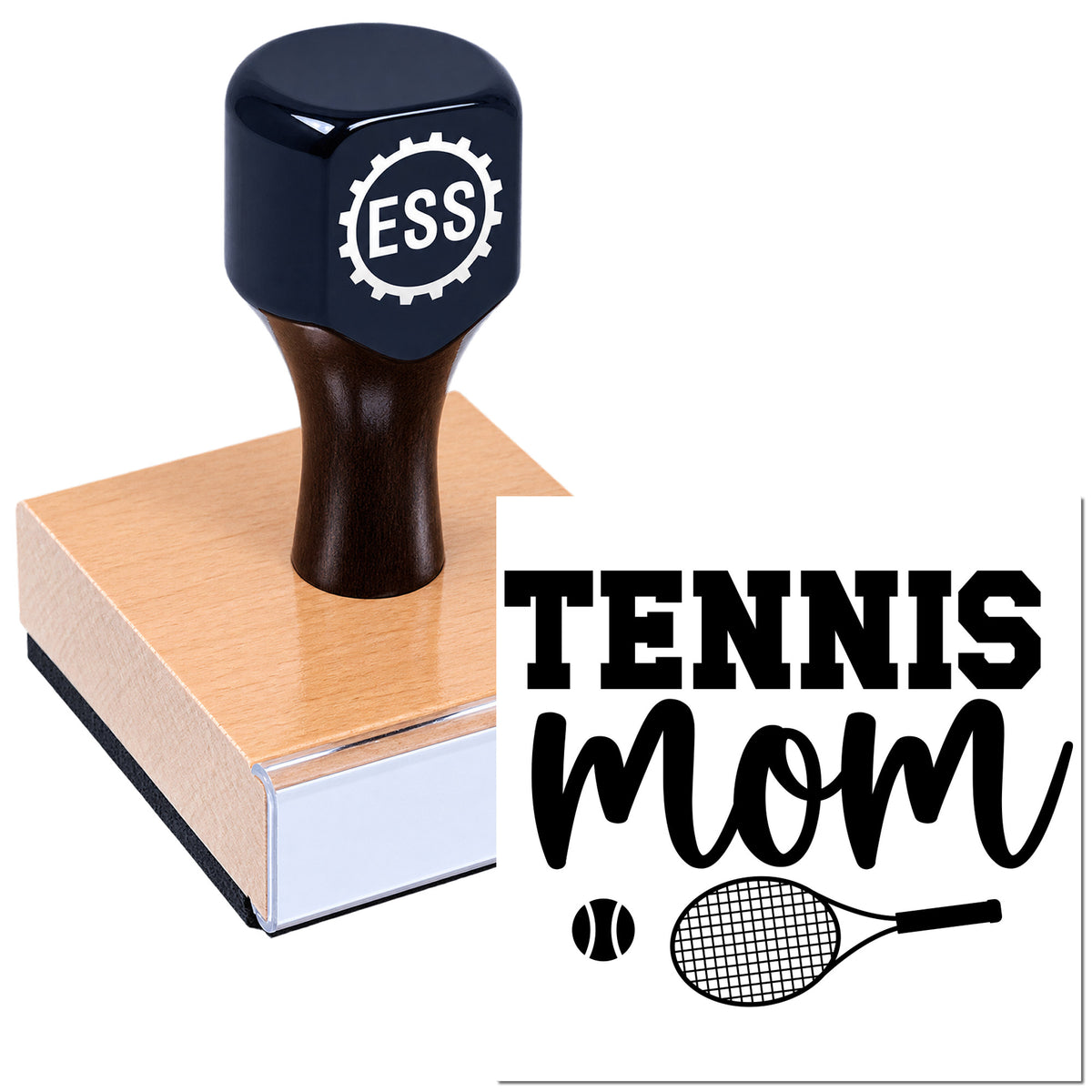 Navy custom rubber stamp and seal on wood block with Tennis Mom text, tennis ball and racket design.
